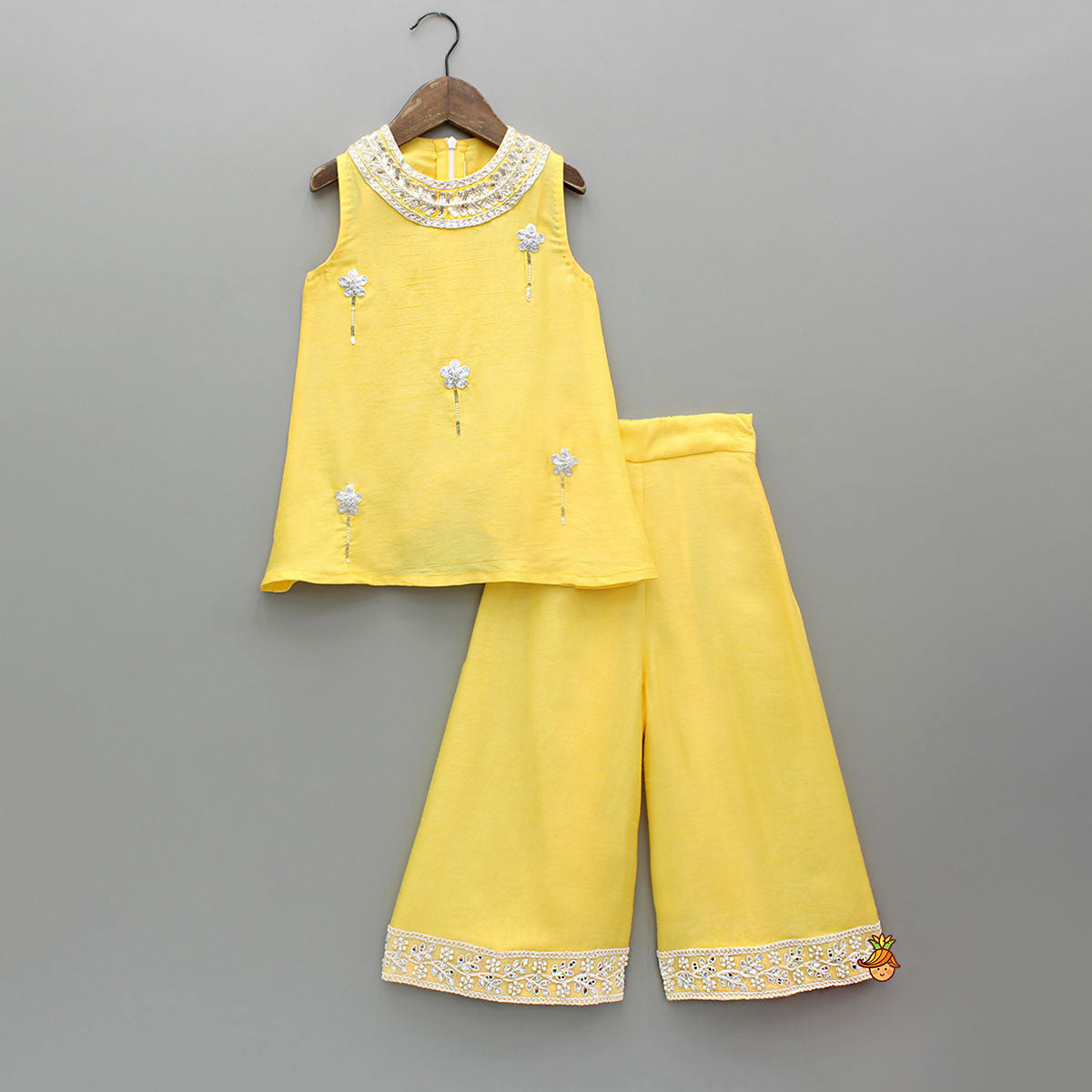Yellow Embroidered Kurti And Flared Palazzo