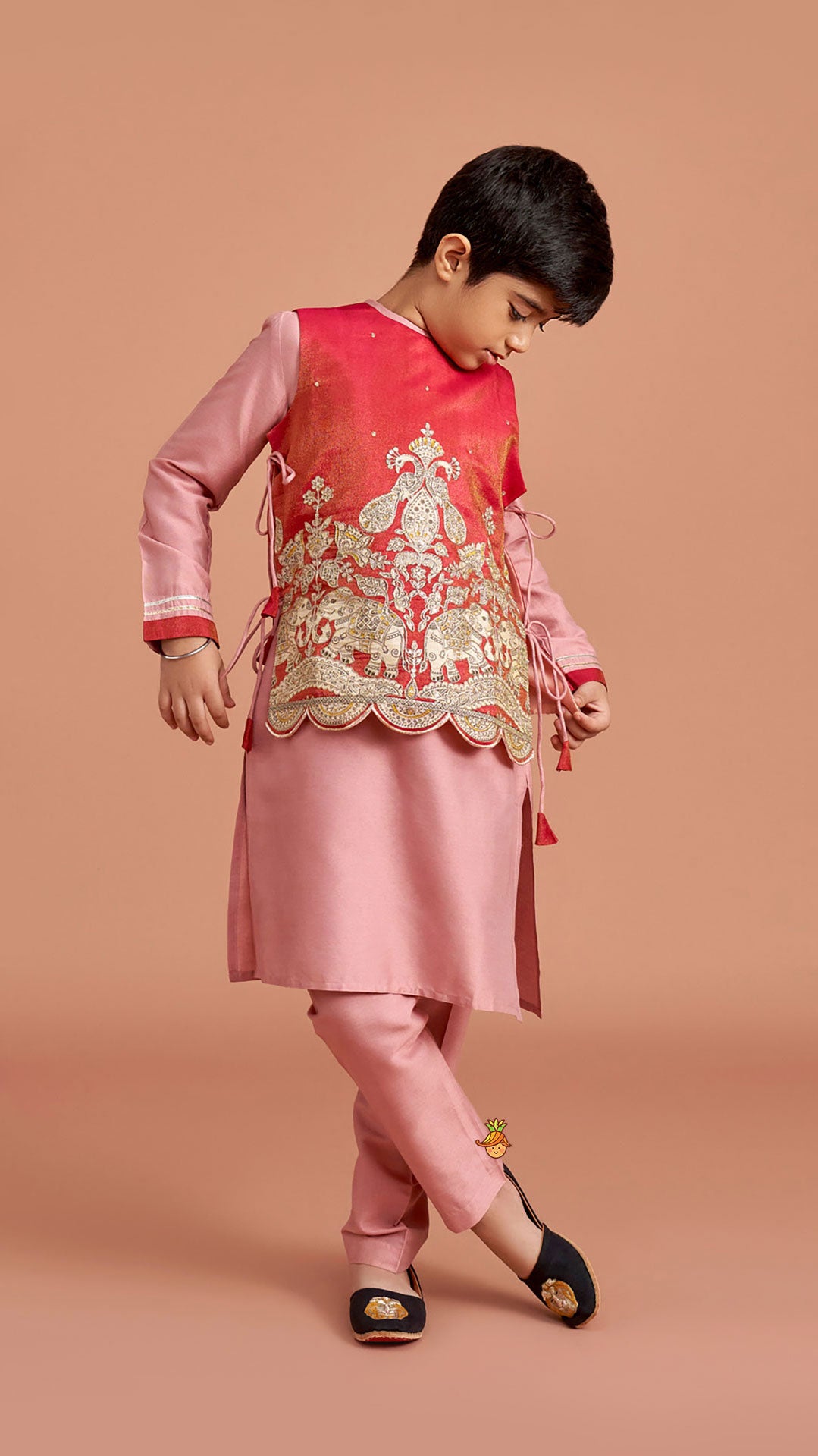 Kurta With Printed Embroidered Jacket And Pyjama