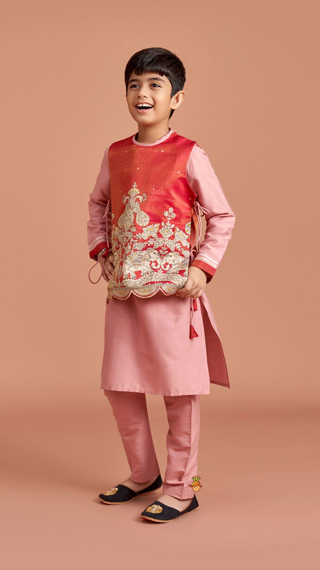 Kurta With Printed Embroidered Jacket And Pyjama
