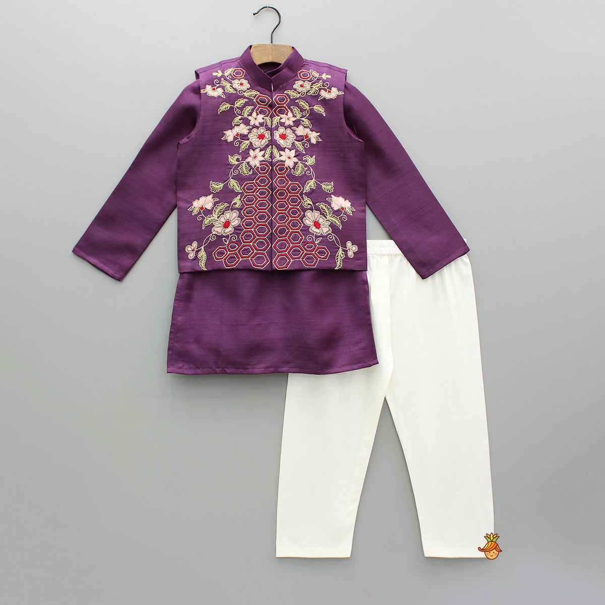 Purple Kurta With Embroidered Jacket And Pyjama