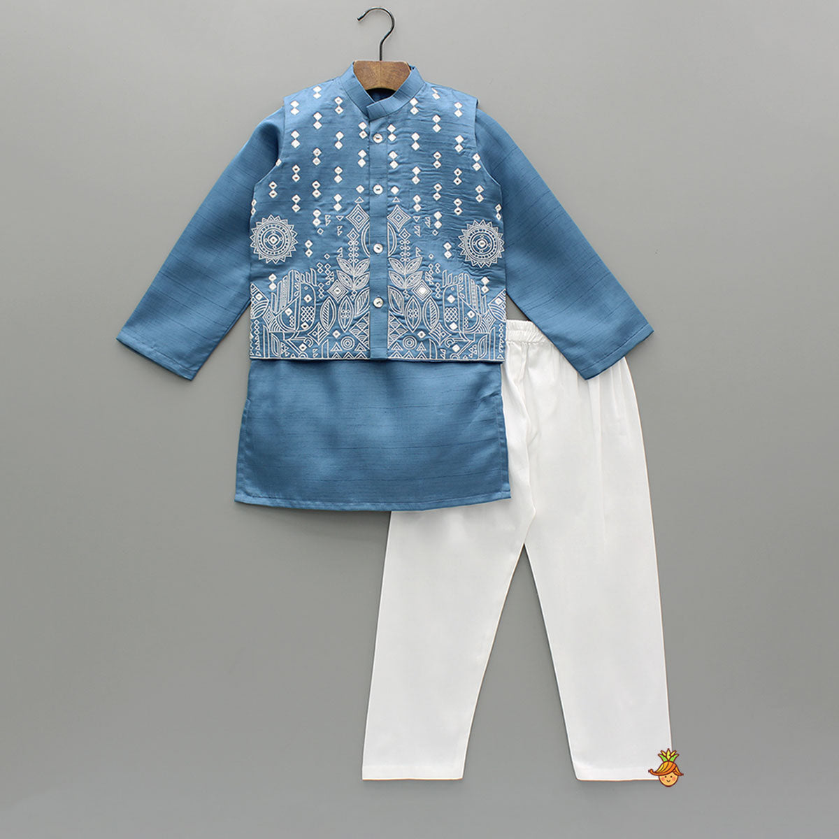 Blue Kurta With Embroidered Jacket And Pyjama