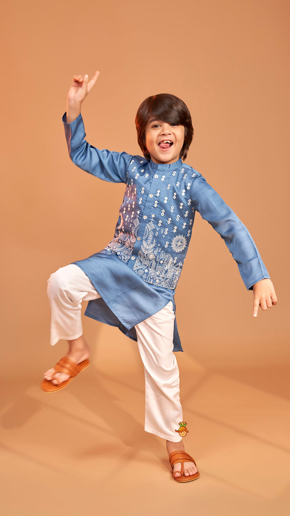 Blue Kurta With Embroidered Jacket And Pyjama