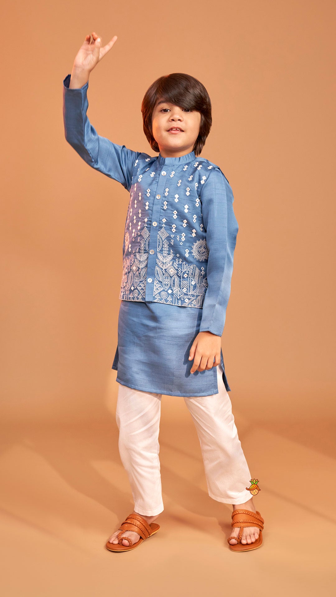 Blue Kurta With Embroidered Jacket And Pyjama