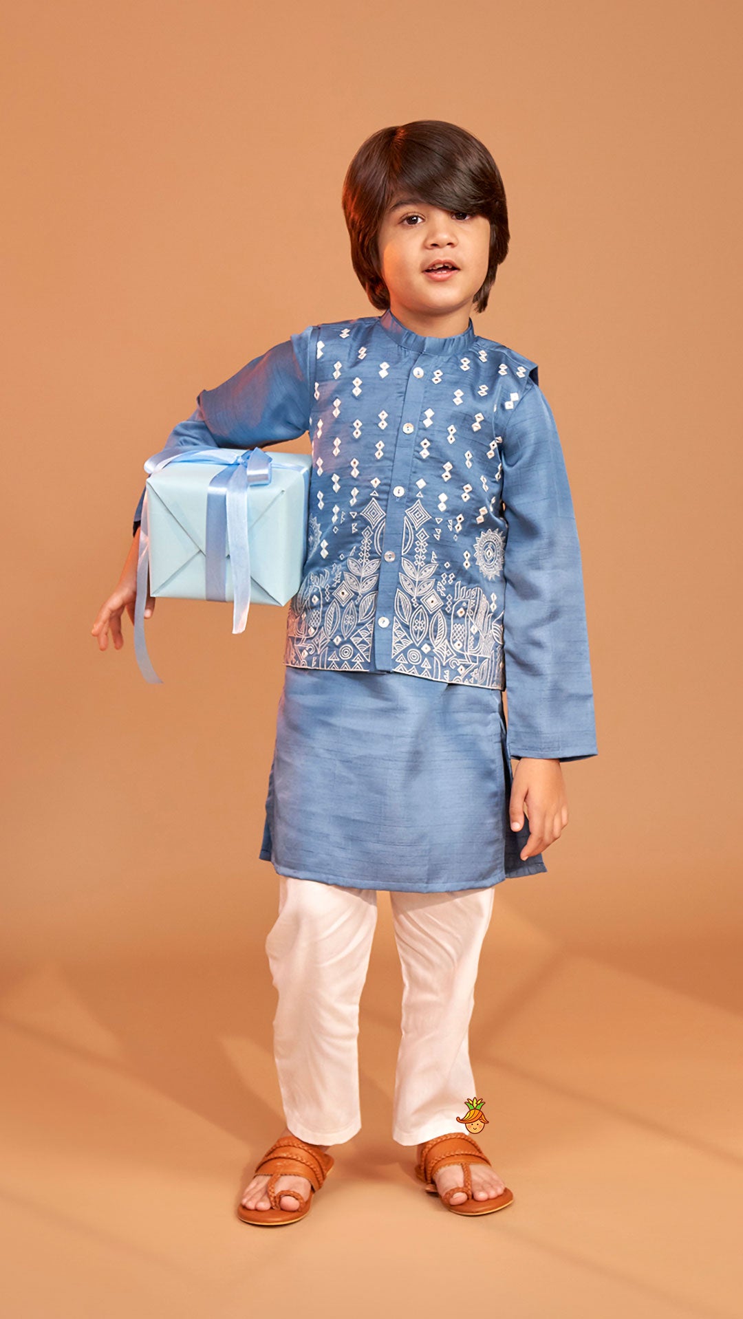 Blue Kurta With Embroidered Jacket And Pyjama