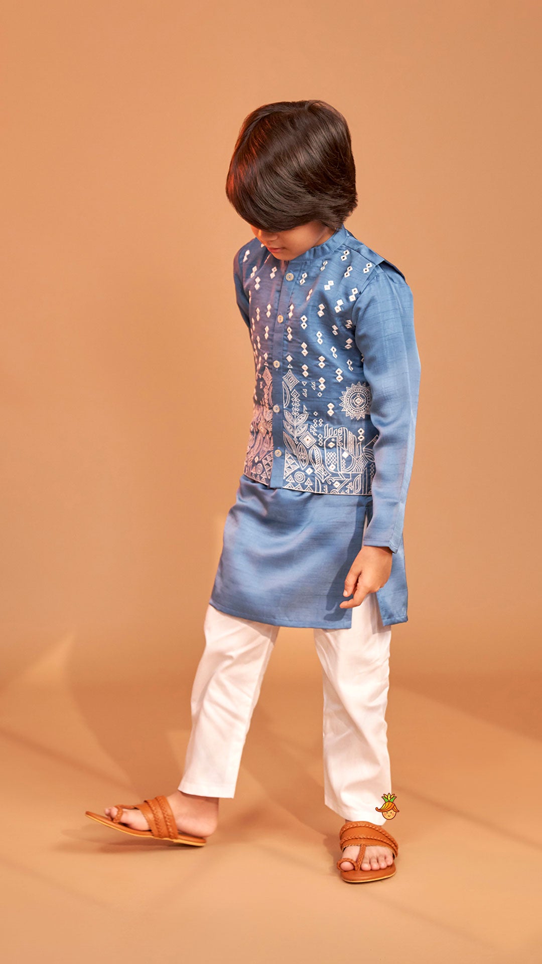 Blue Kurta With Embroidered Jacket And Pyjama