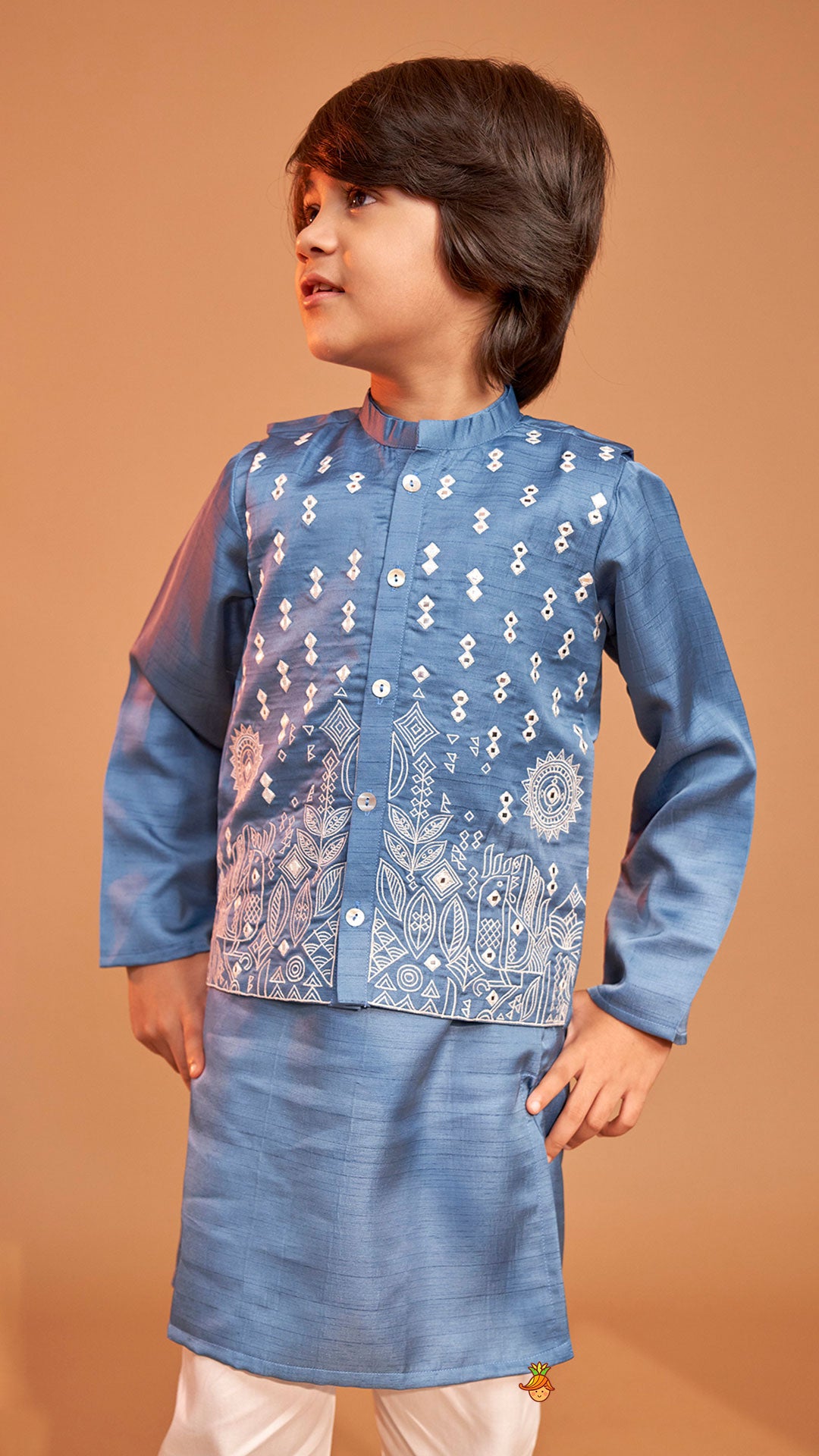 Blue Kurta With Embroidered Jacket And Pyjama