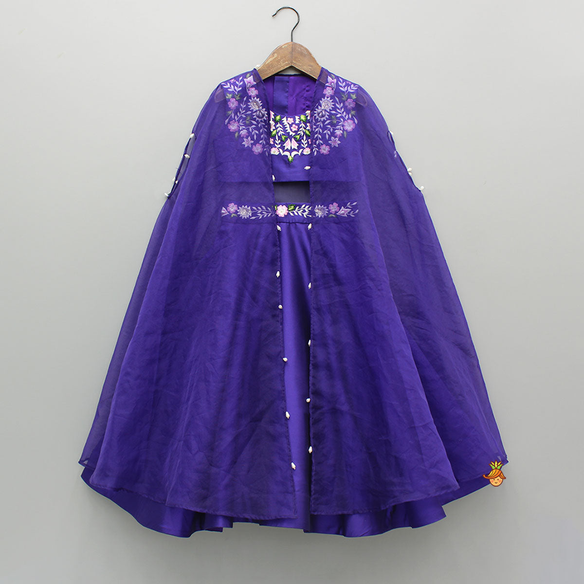 Purple Embroidered Top And Lehenga With Long Embellished Cape
