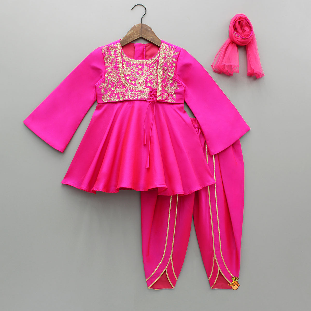 Pink Embroidered Kurti With Attached Jacket And Tulip Pant