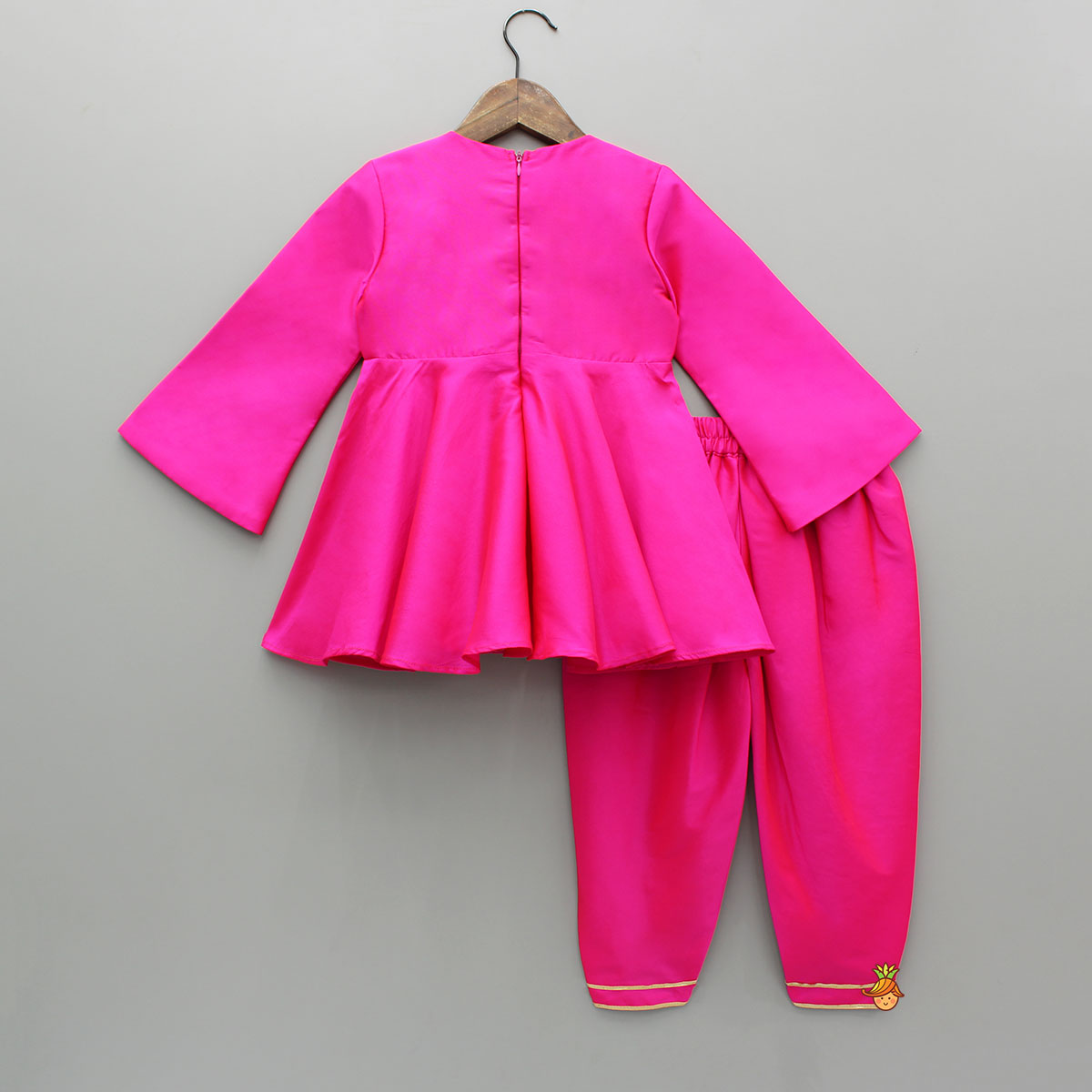Pink Embroidered Kurti With Attached Jacket And Tulip Pant