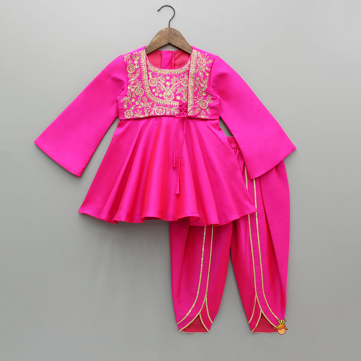 Pink Embroidered Kurti With Attached Jacket And Tulip Pant