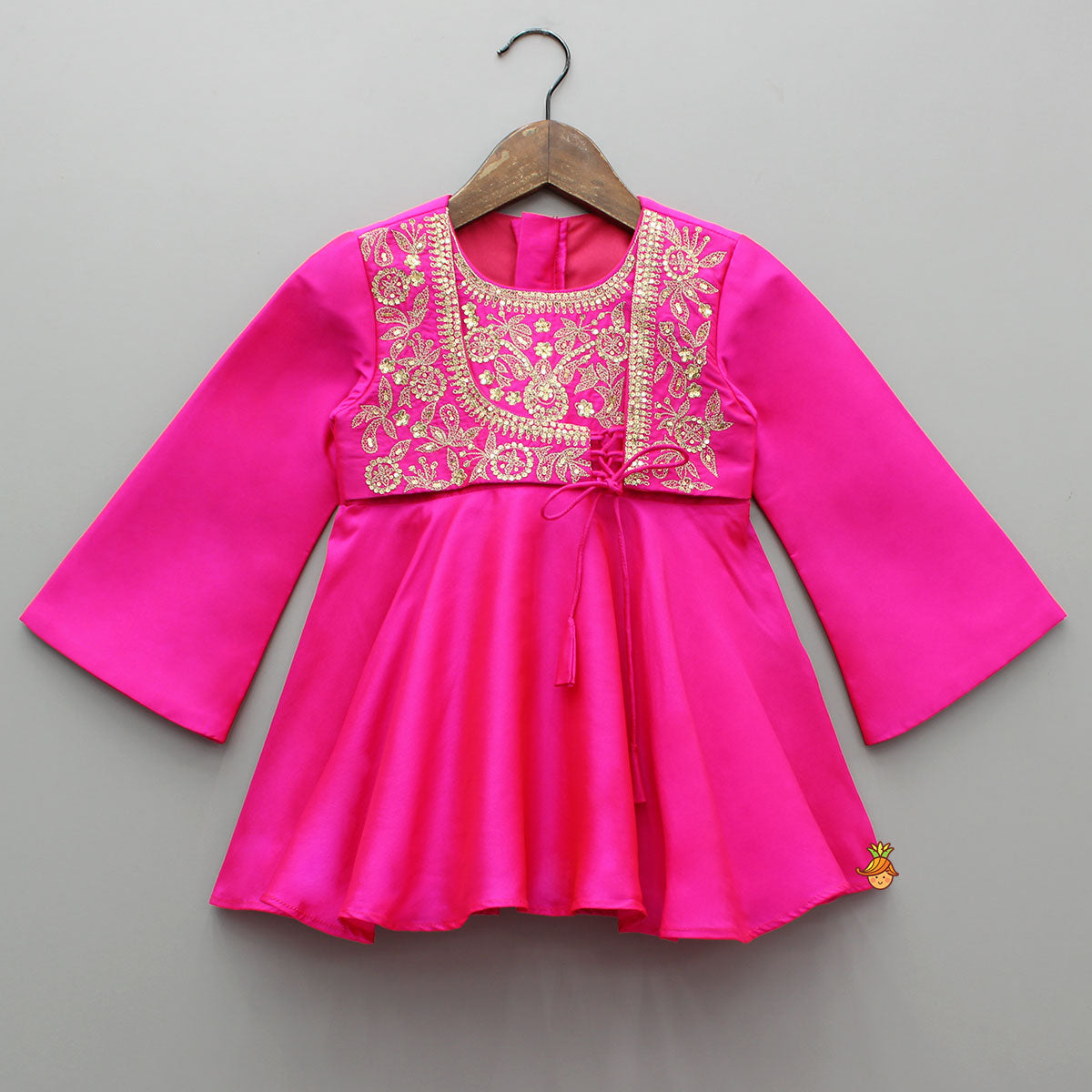 Pink Embroidered Kurti With Attached Jacket And Tulip Pant