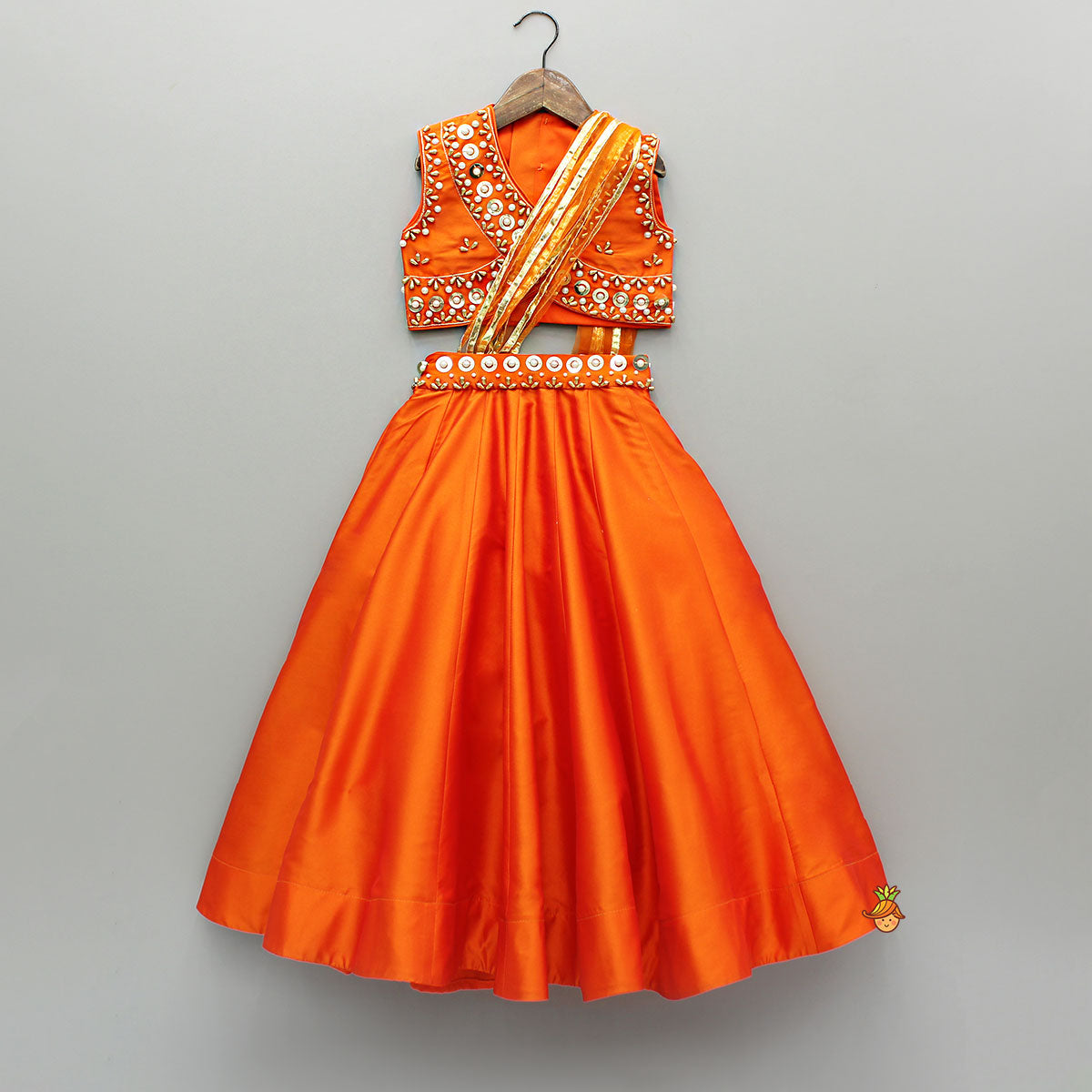 Orange Embroidered Top And Lehenga With Attached Dupatta