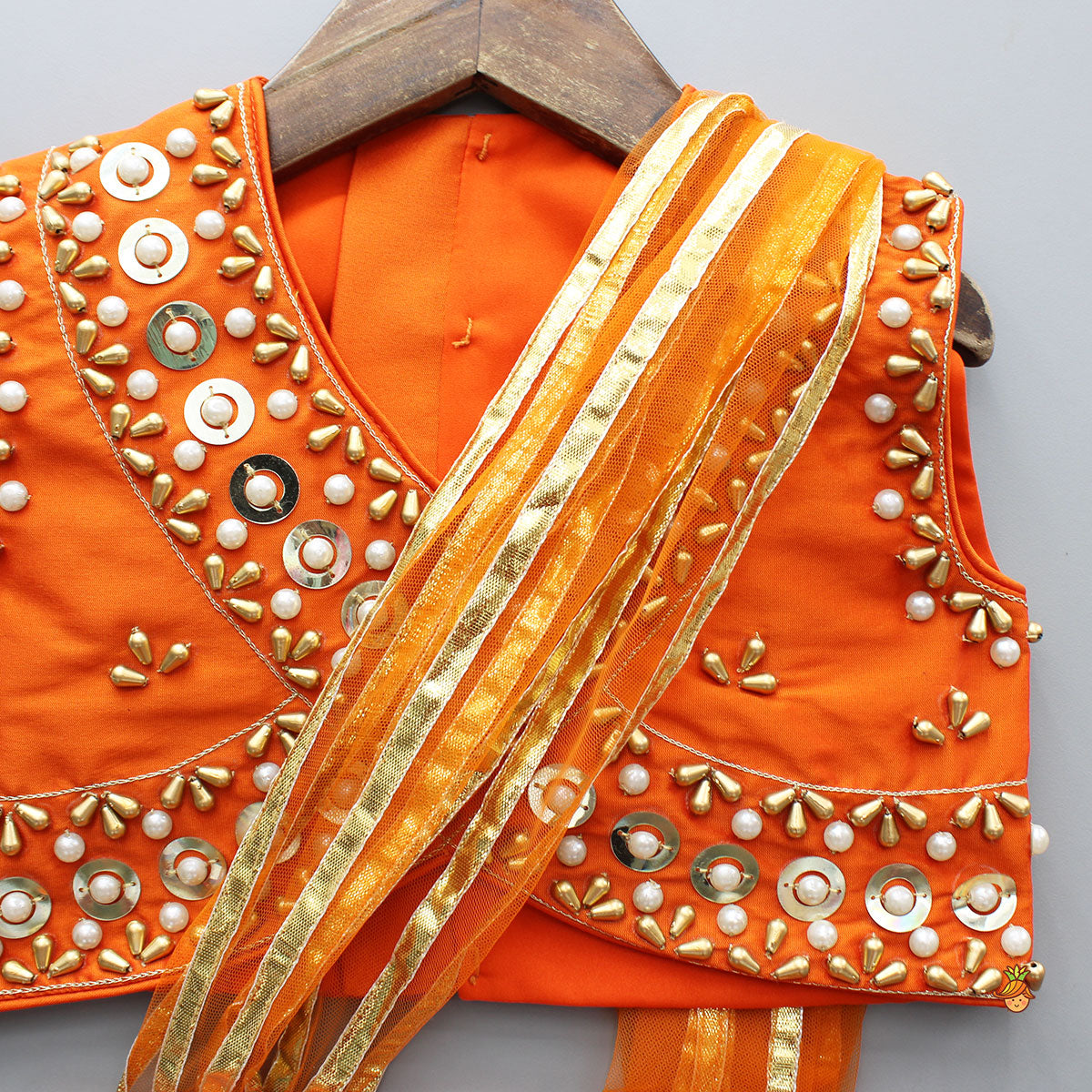Orange Embroidered Top And Lehenga With Attached Dupatta