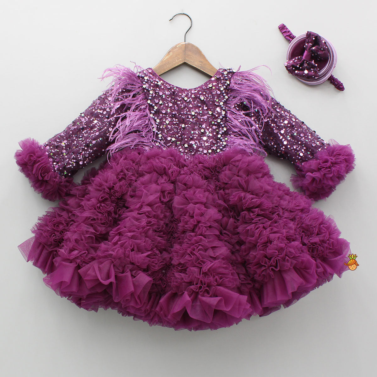 Sequins Embellished Ruffled Dress With Matching Swirled Bow Headband