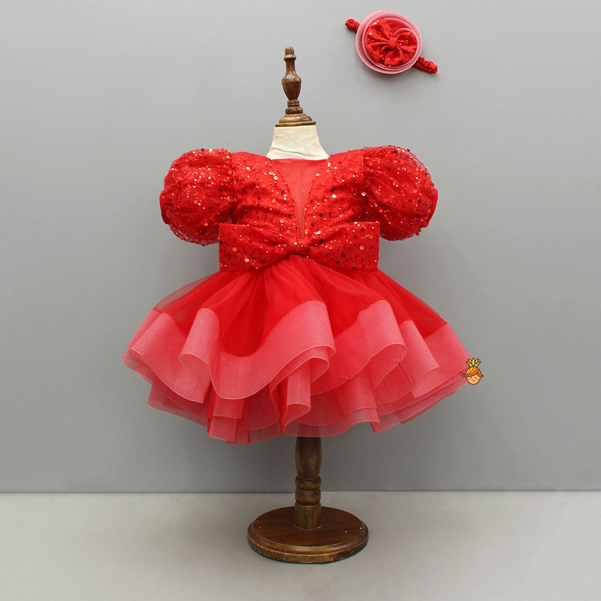 Red Sequined Ruffled Dress With Bows And Matching Swirled Bow Headband
