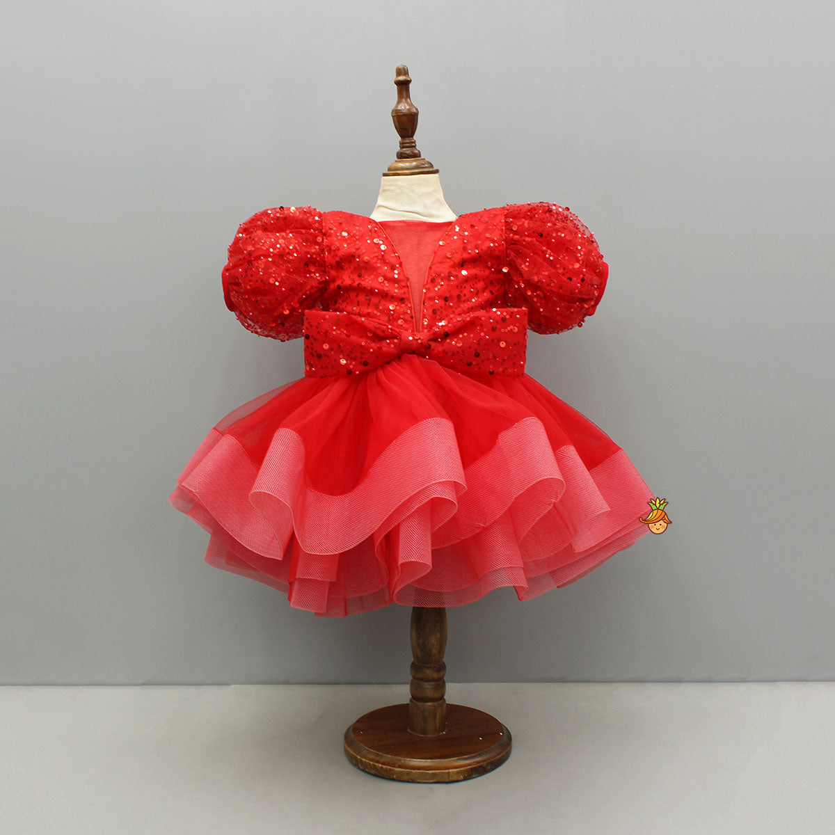 Red Sequined Ruffled Dress With Bows And Matching Swirled Bow Headband