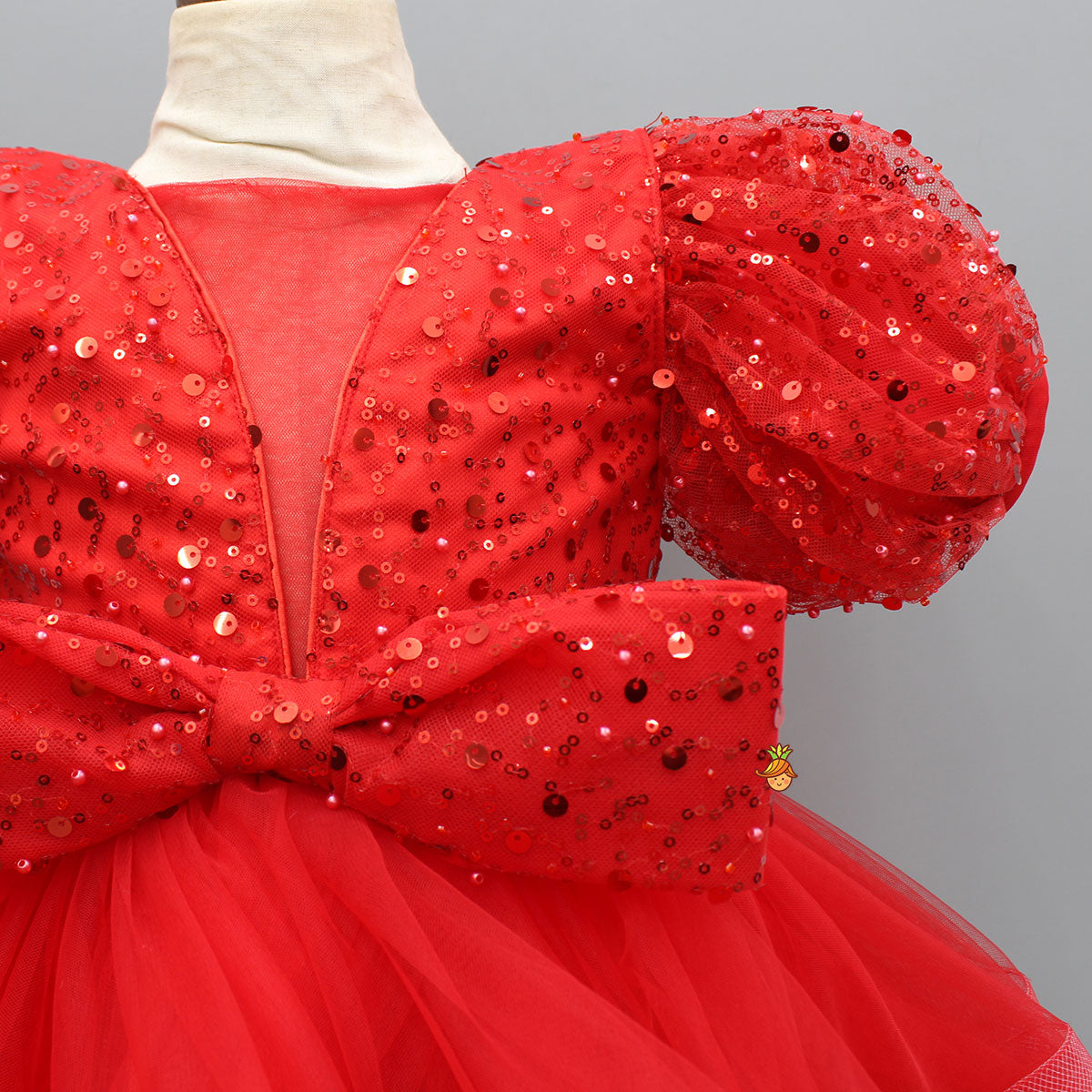 Red Sequined Ruffled Dress With Bows And Matching Swirled Bow Headband