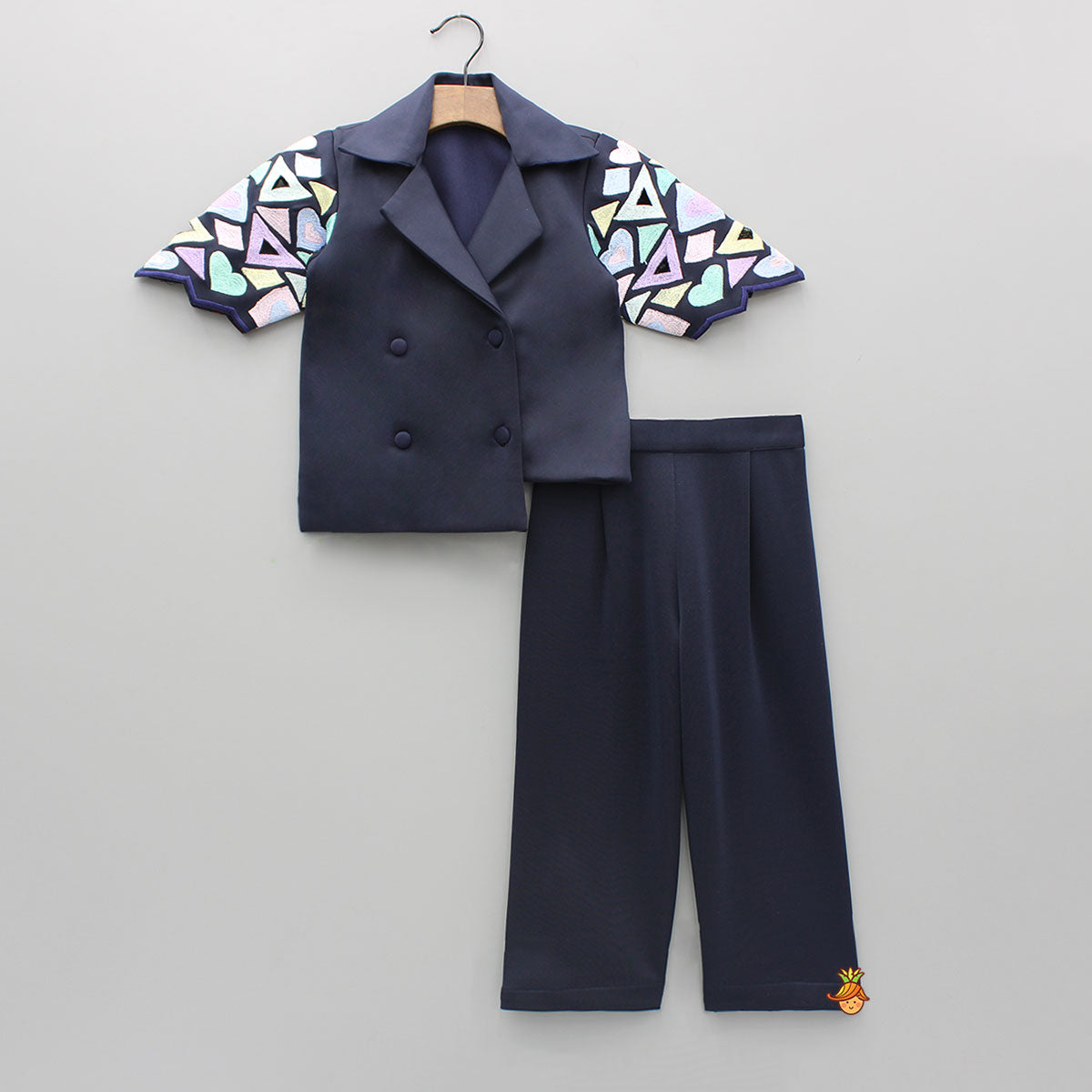 Blue Embroidered Blazer Jacket Style Top And Pant