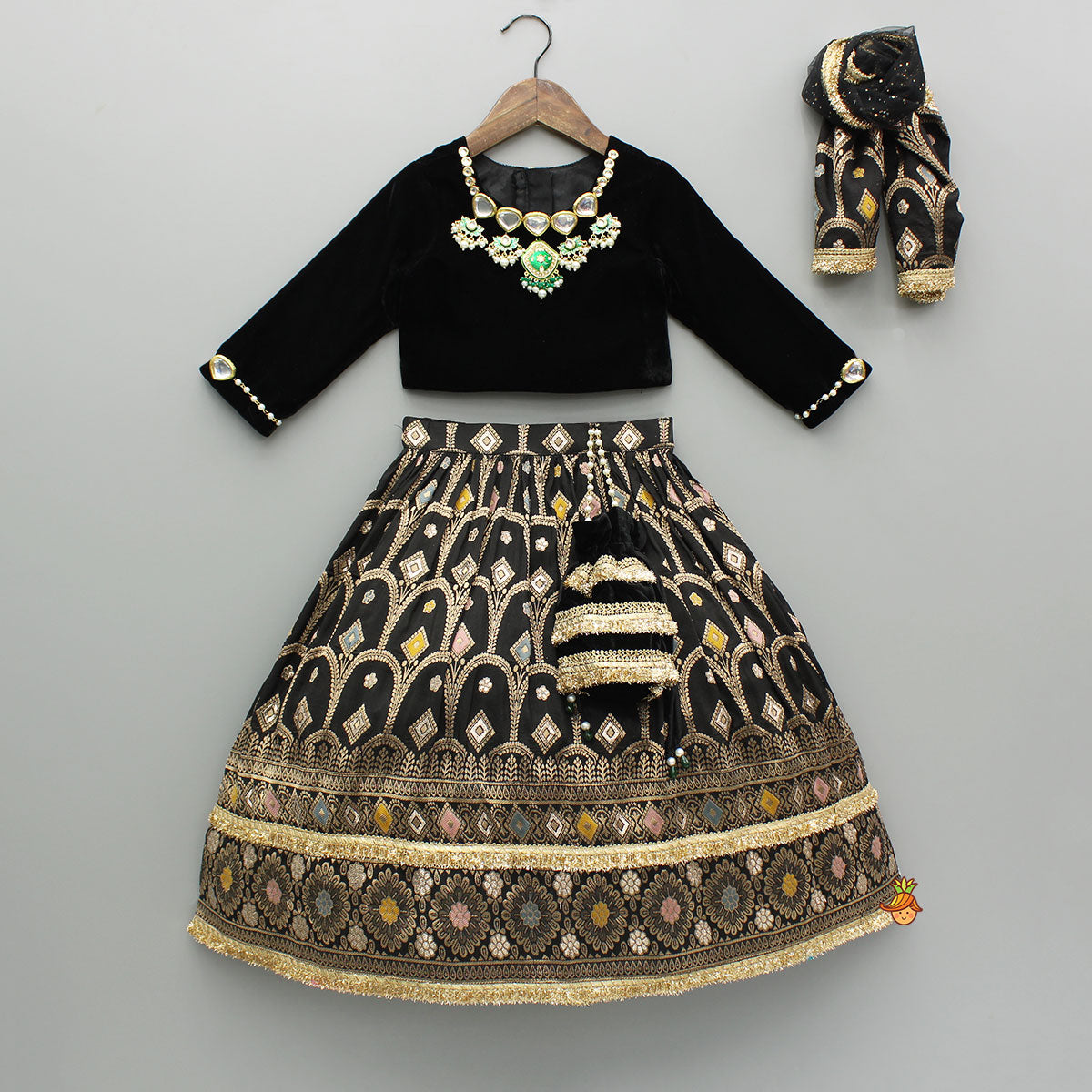 Gorgeous Studded Black Velvet Top With Brocade Embroidered Lehenga And Shimmery Dupatta With Potli Bag
