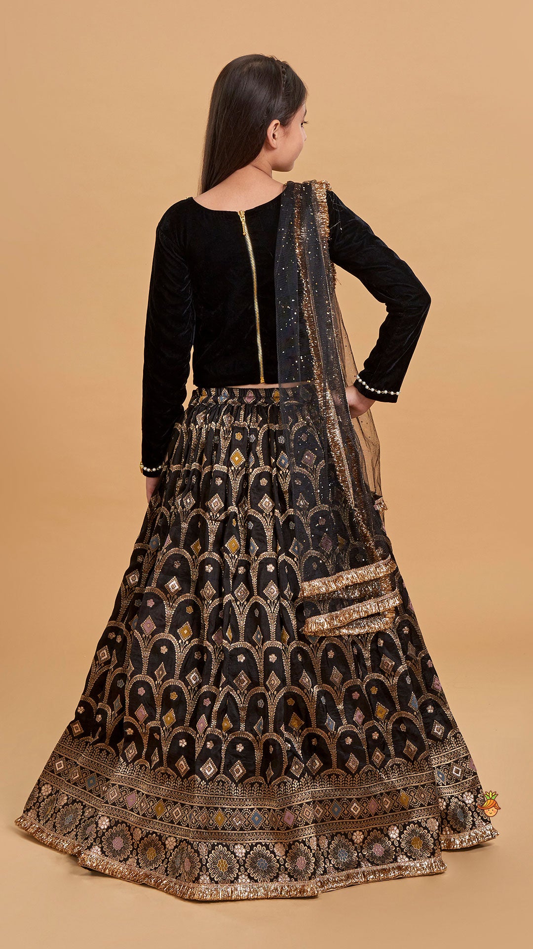 Gorgeous Studded Black Velvet Top With Brocade Embroidered Lehenga And Shimmery Dupatta With Potli Bag