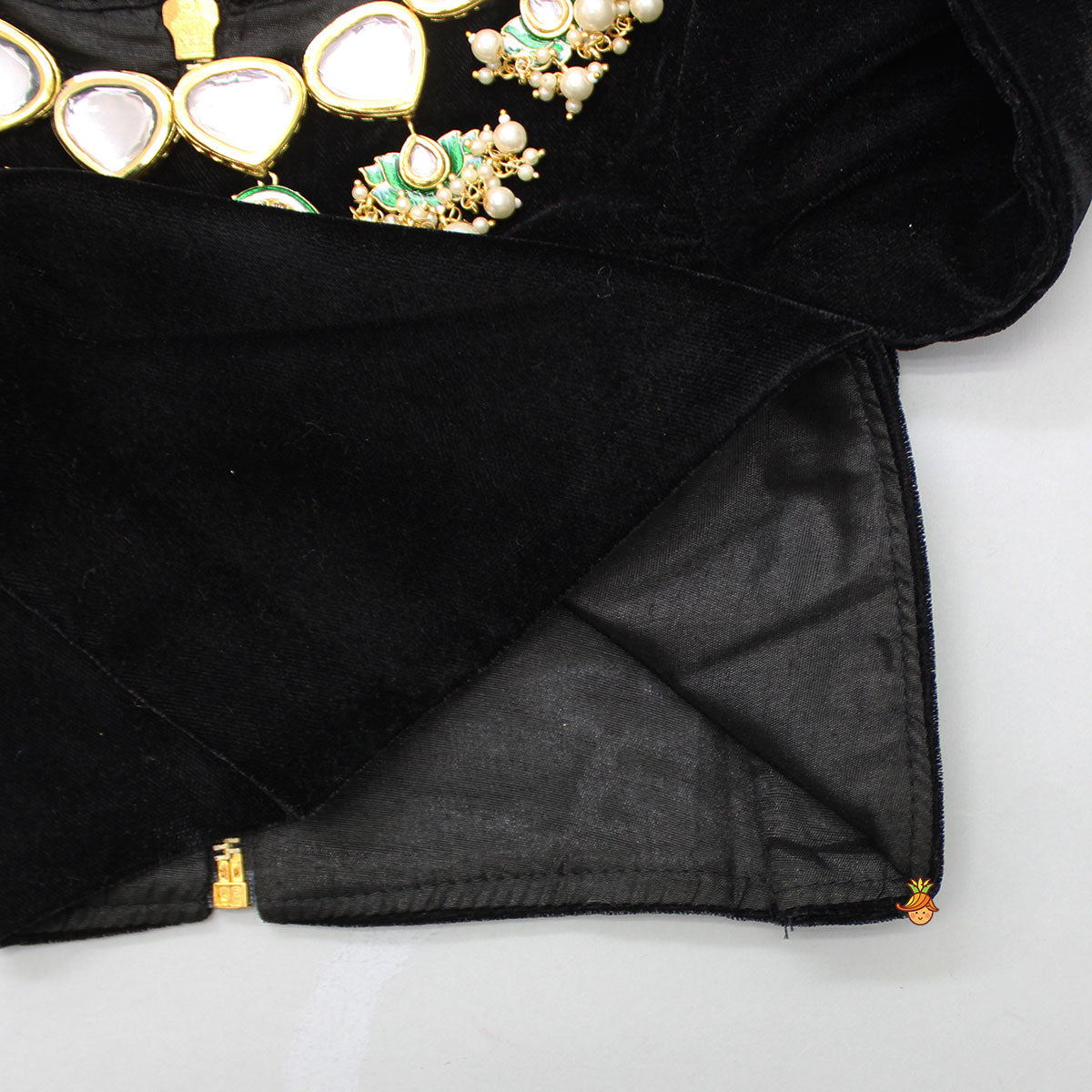 Gorgeous Studded Black Velvet Top With Brocade Embroidered Lehenga And Shimmery Dupatta With Potli Bag