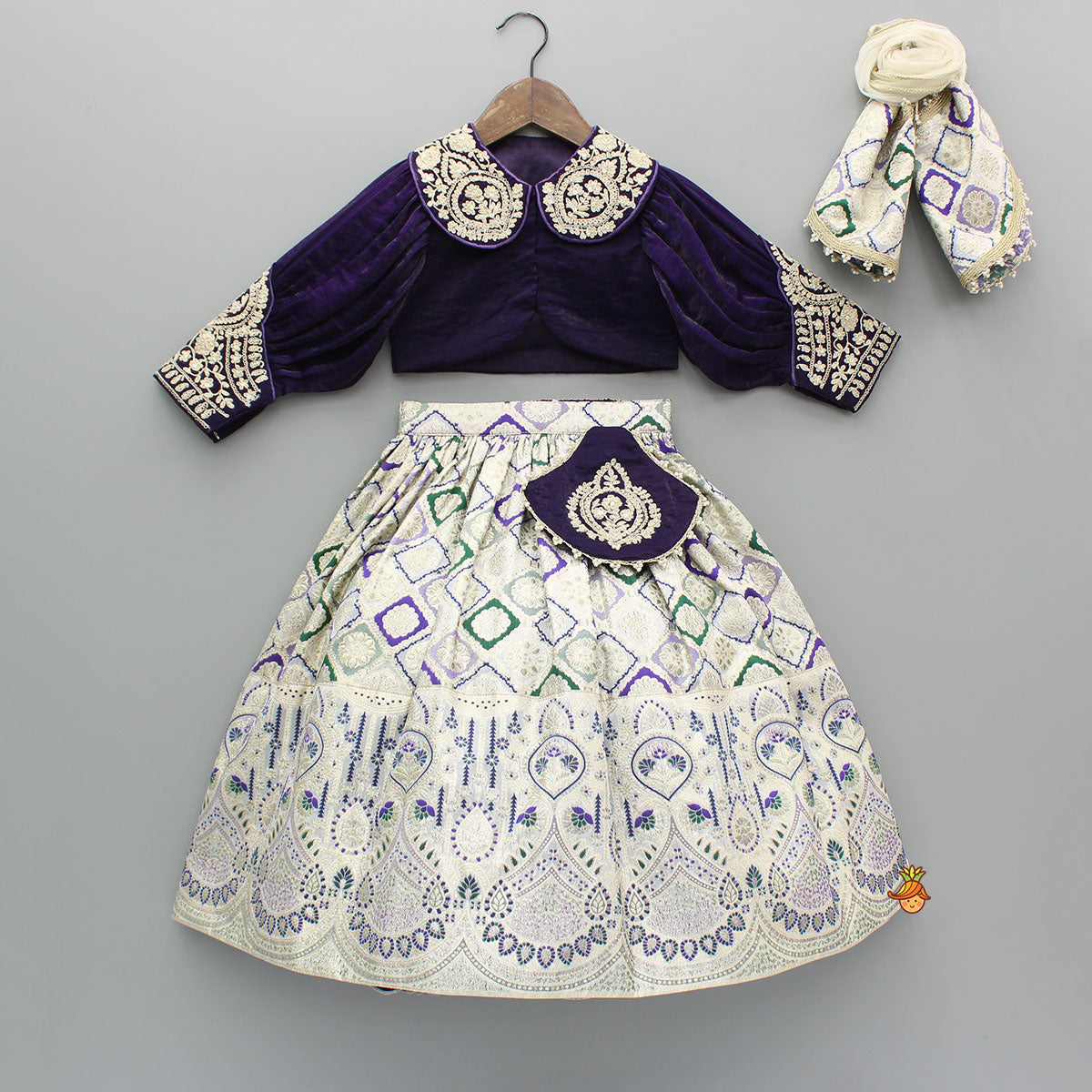Purple Embroidered Top And Lehenga With Pouch And Dupatta