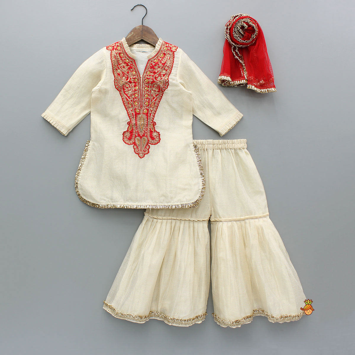 Cream Embroidered Kurti And Sharara With Dupatta