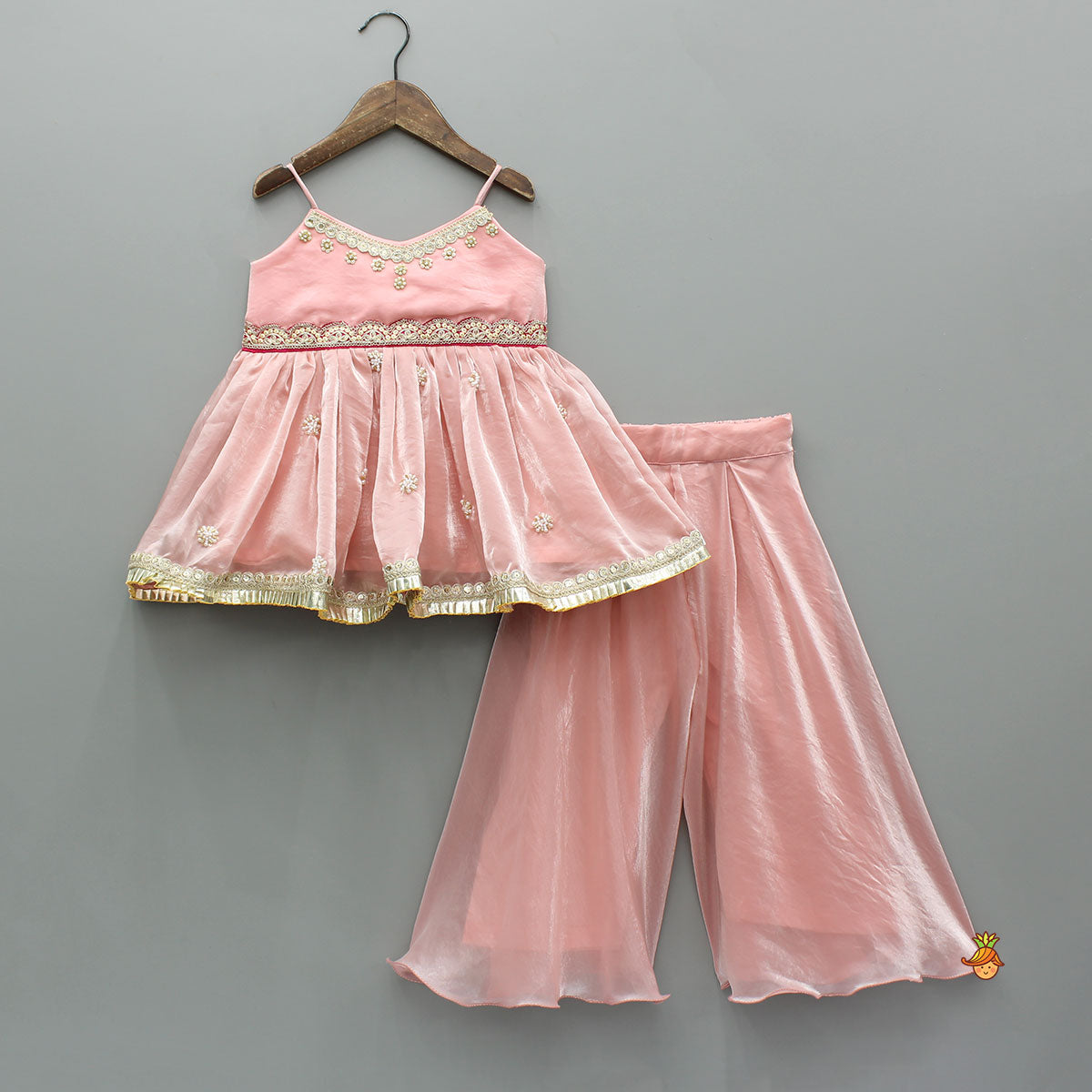 Pink Embroidered Strappy Top And Palazzo With Bandhani Print Dupatta