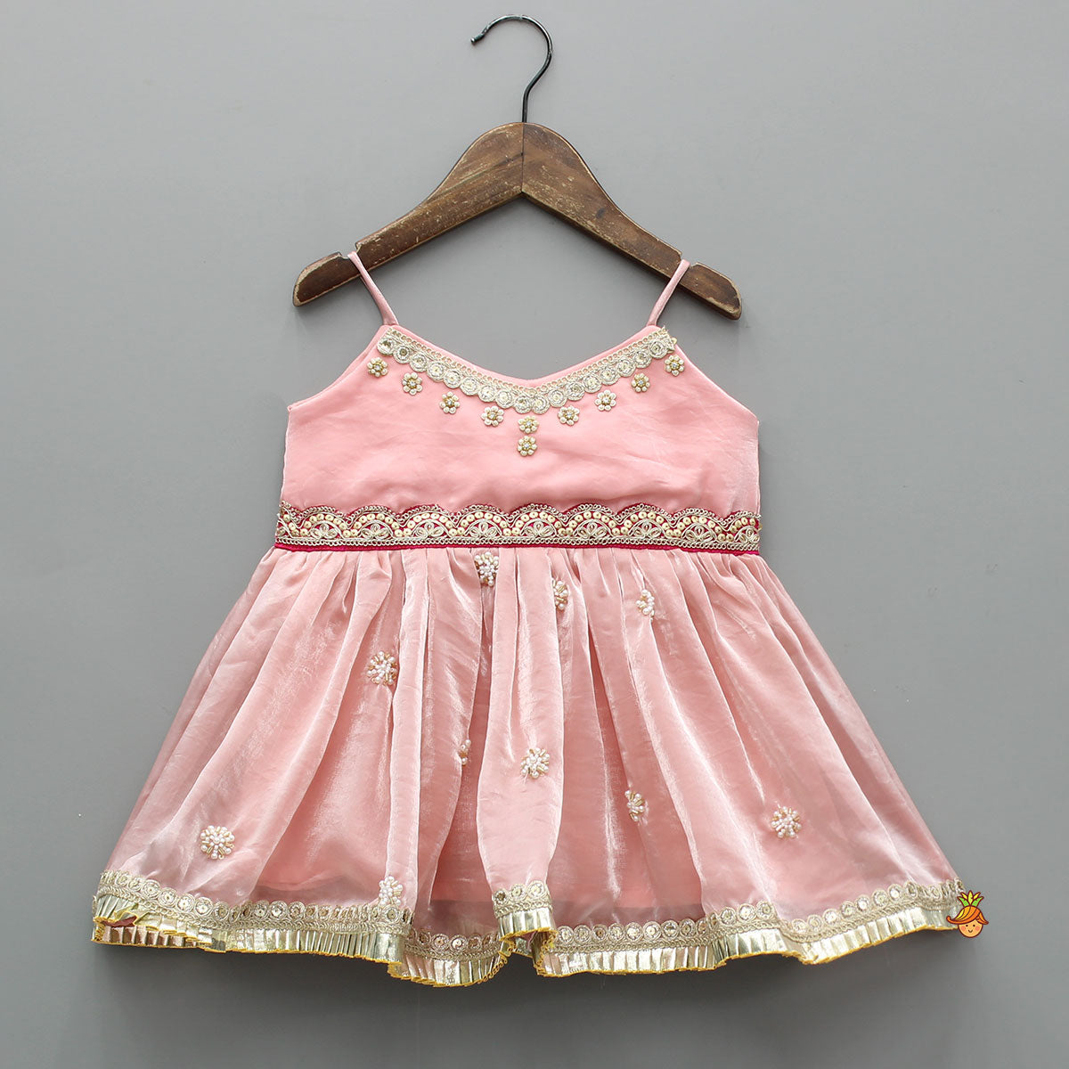 Pink Embroidered Strappy Top And Palazzo With Bandhani Print Dupatta