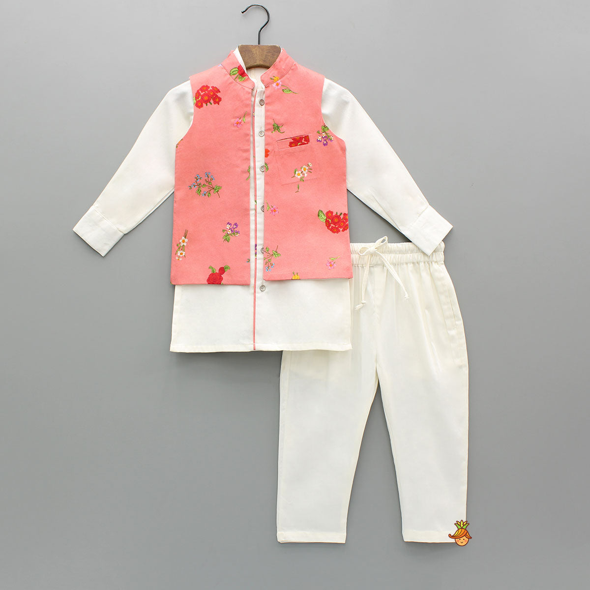 Off White Kurta With Floral Printed Jacket And Pyjama