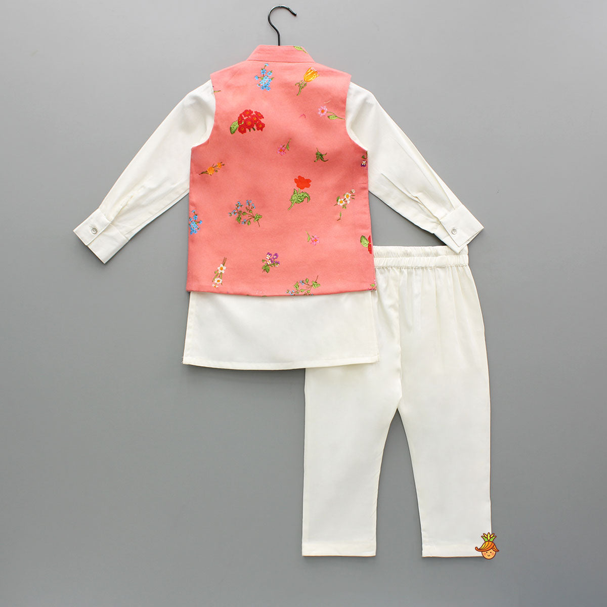 Off White Kurta With Floral Printed Jacket And Pyjama