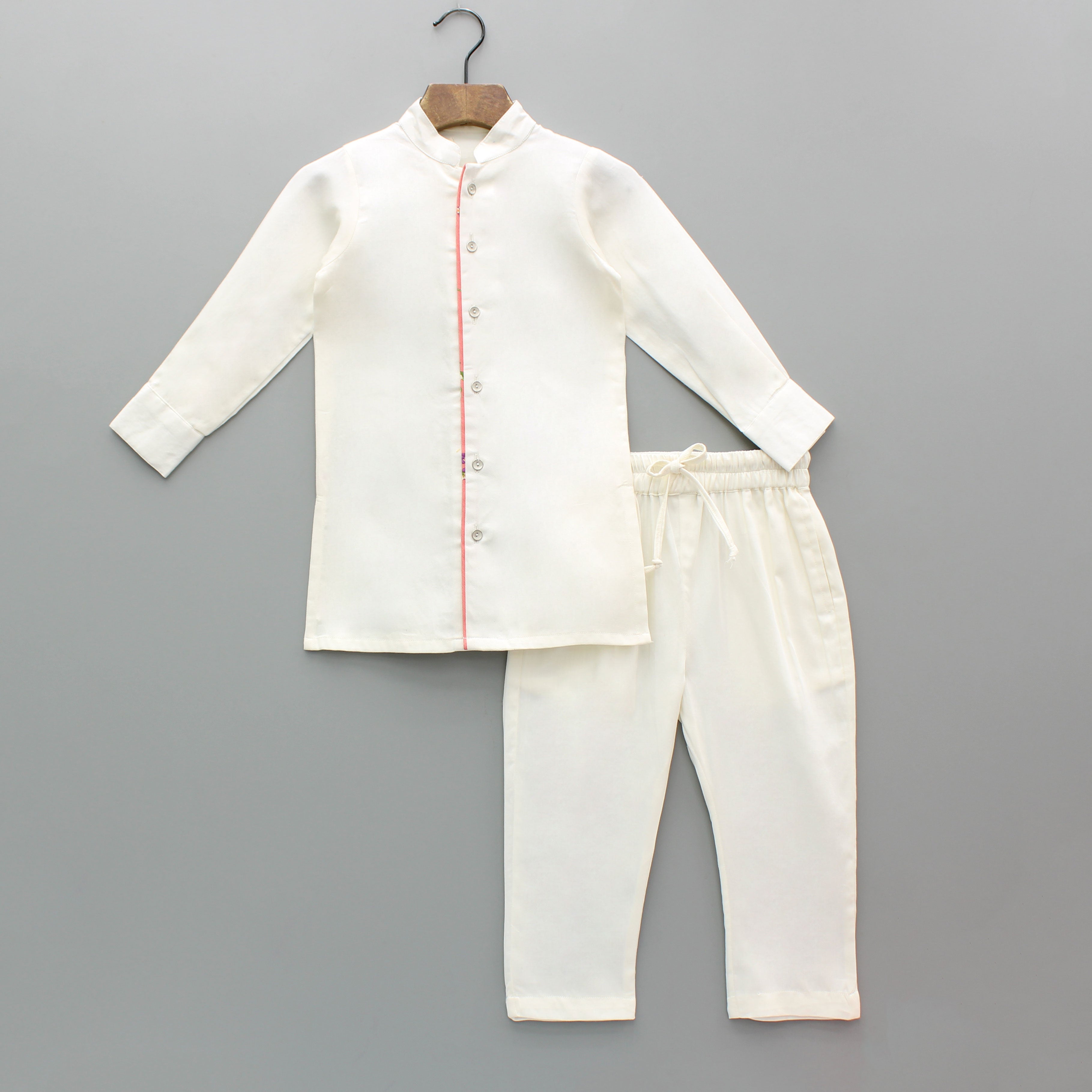 Off White Kurta With Floral Printed Jacket And Pyjama