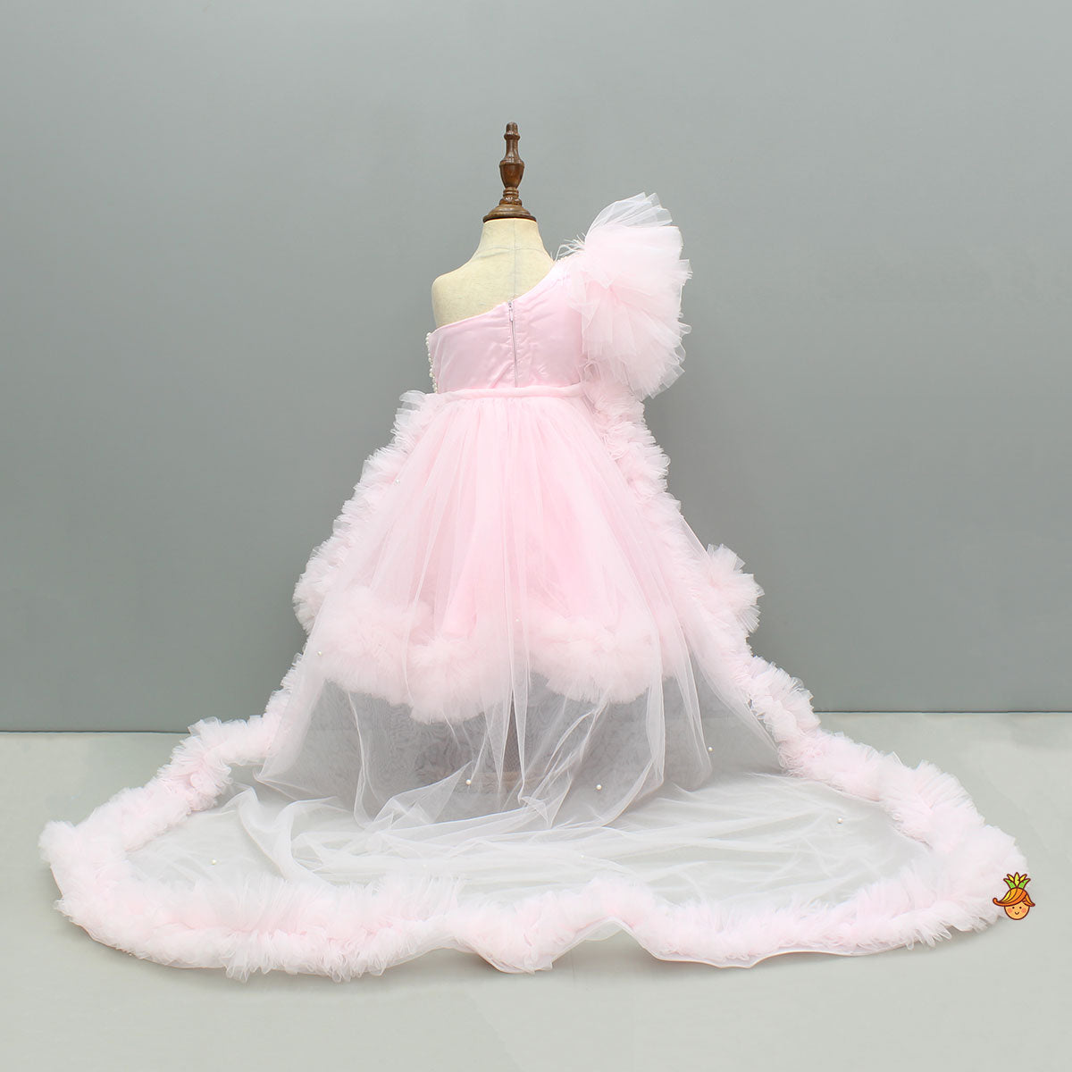Pink One Shoulder Embellished Dress With Detachable Trial And Bow With Matching Swirled Bowie Headband