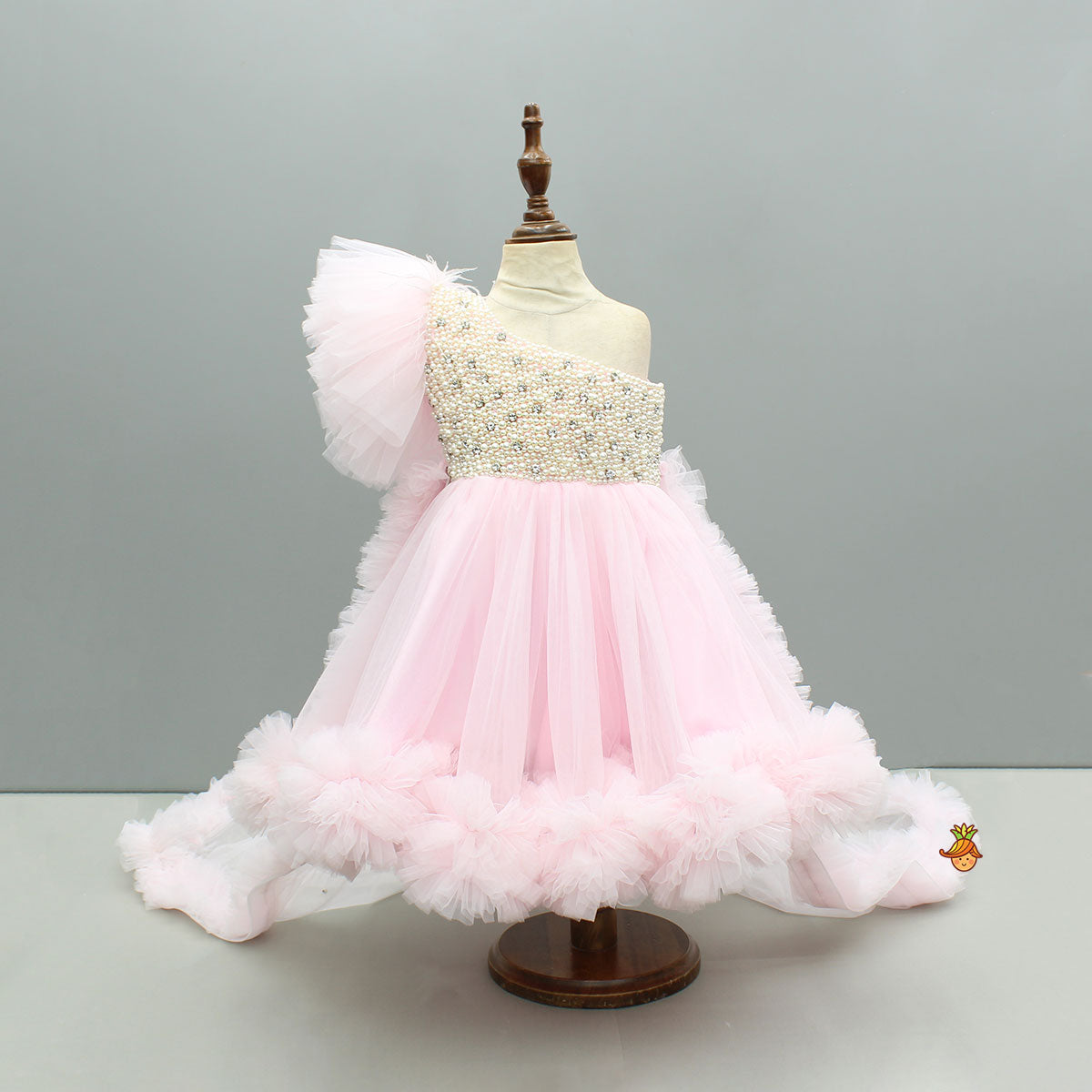 Pink One Shoulder Embellished Dress With Detachable Trial And Bow With Matching Swirled Bowie Headband