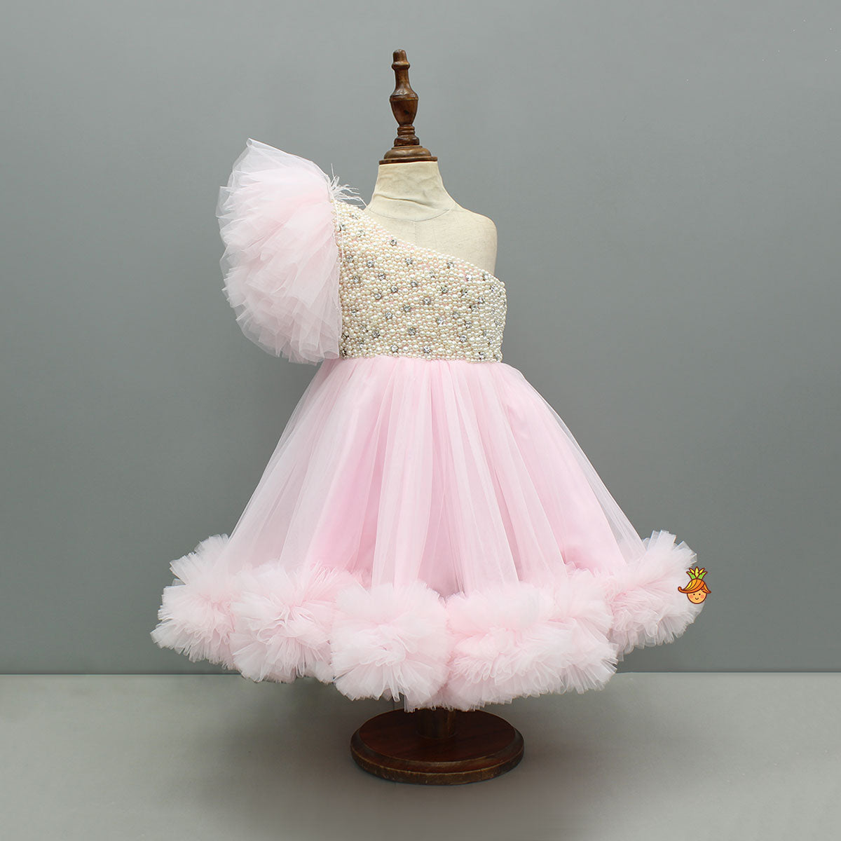Pink One Shoulder Embellished Dress With Detachable Trial And Bow With Matching Swirled Bowie Headband