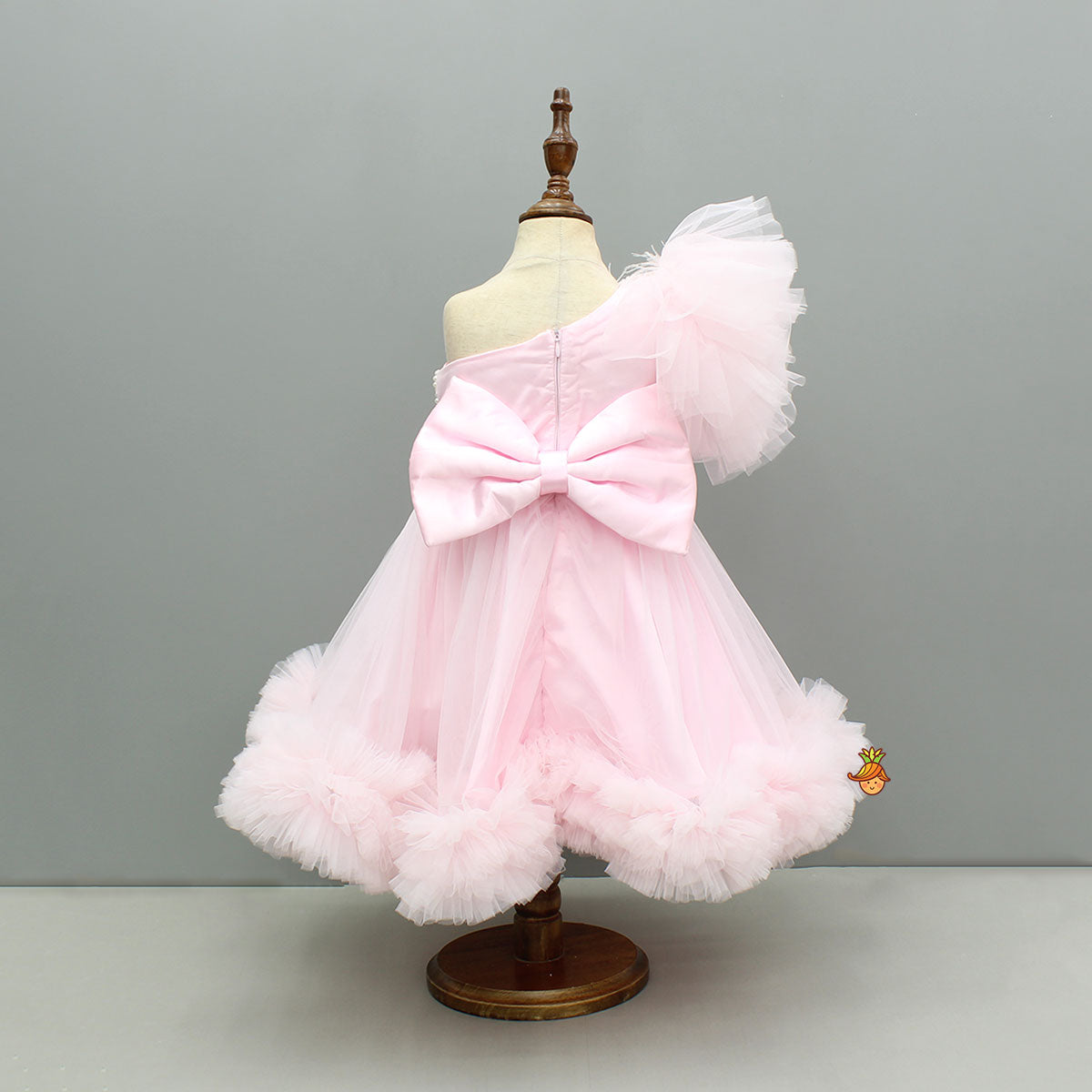 Pink One Shoulder Embellished Dress With Detachable Trial And Bow With Matching Swirled Bowie Headband