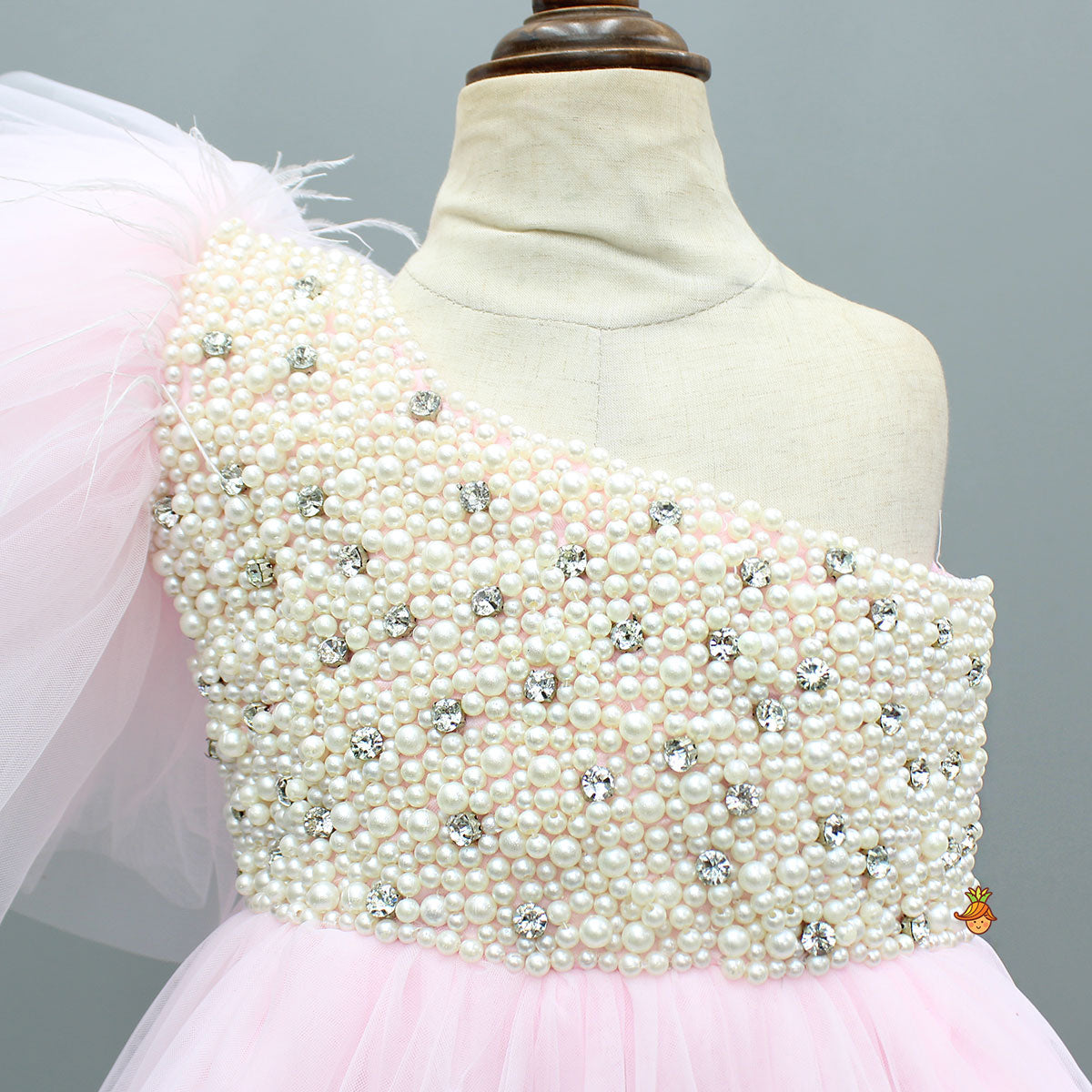 Pink One Shoulder Embellished Dress With Detachable Trial And Bow With Matching Swirled Bowie Headband
