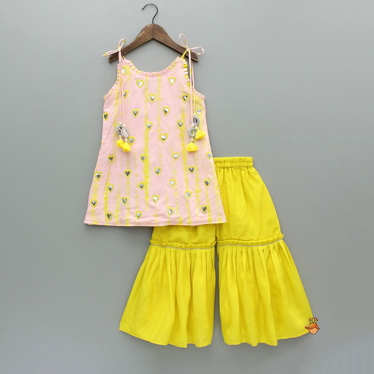 Pink Shibori Printed Tie Up Straps Kurti And Sharara