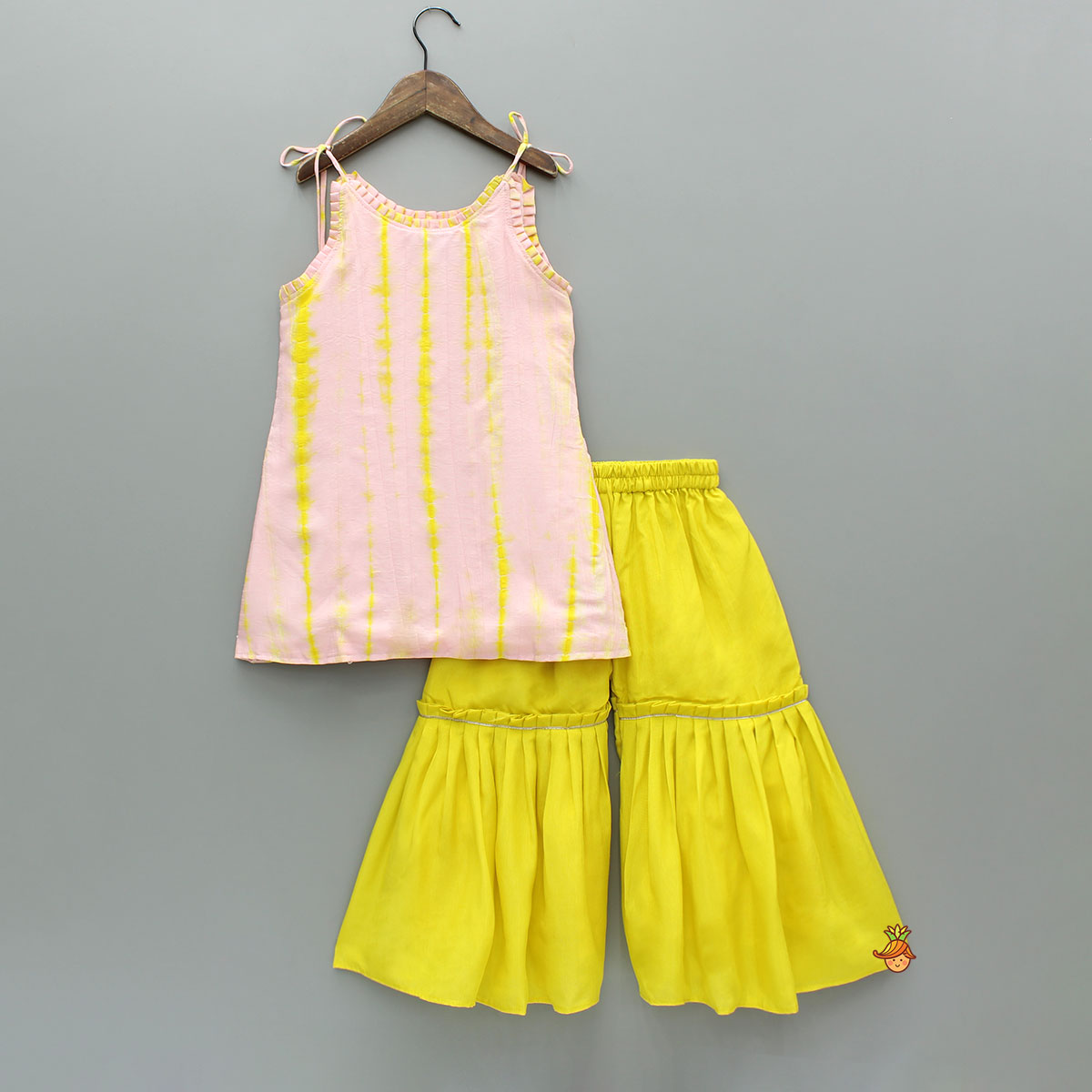 Pink Shibori Printed Tie Up Straps Kurti And Sharara