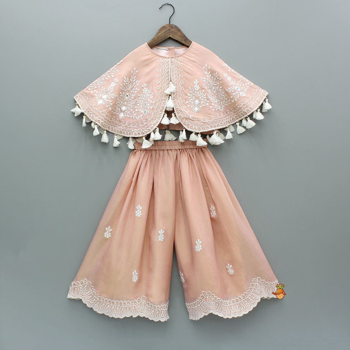 Peach Embroidered And Embellished Cape Attached Top With Flared Palazzo
