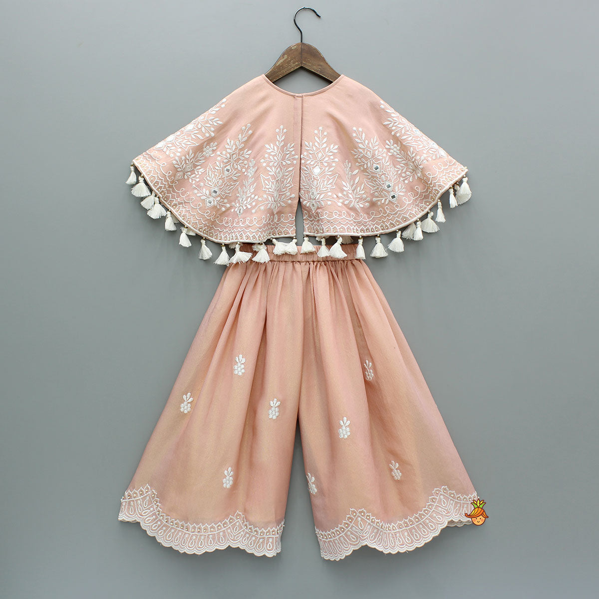Peach Embroidered And Embellished Cape Attached Top With Flared Palazzo