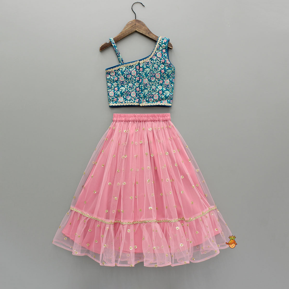 Teal Floral One-Shoulder Top With Pink Net Skirt And Dupatta