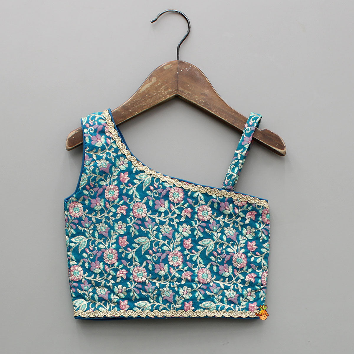 Teal Floral One-Shoulder Top With Pink Net Skirt And Dupatta