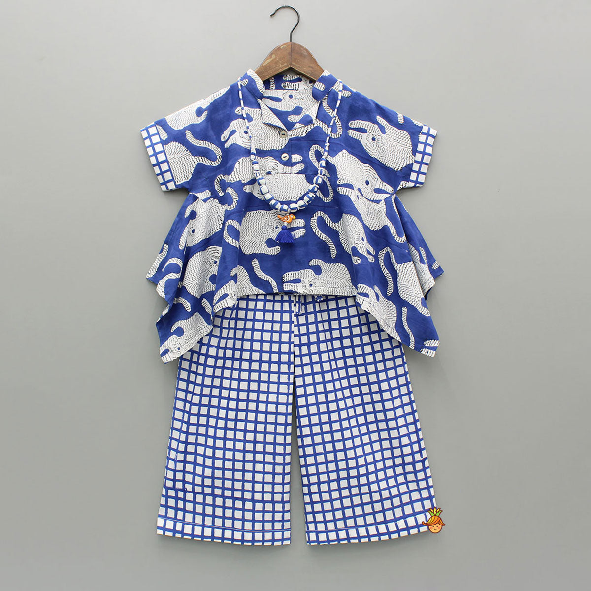 Blue Asymmetric Printed Top With Palazzo And Matching Necklace