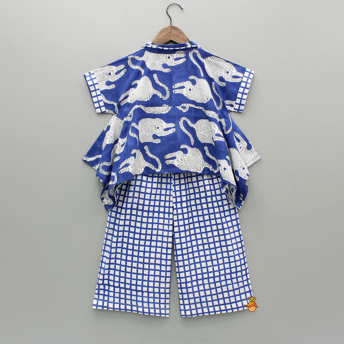 Blue Asymmetric Printed Top With Palazzo And Matching Necklace