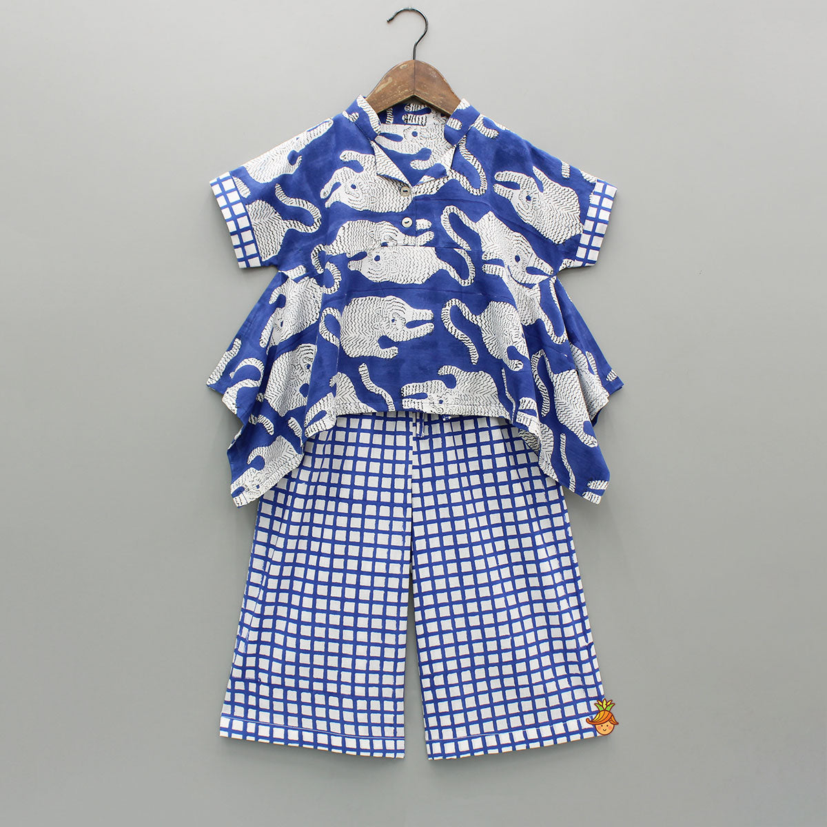 Blue Asymmetric Printed Top With Palazzo And Matching Necklace
