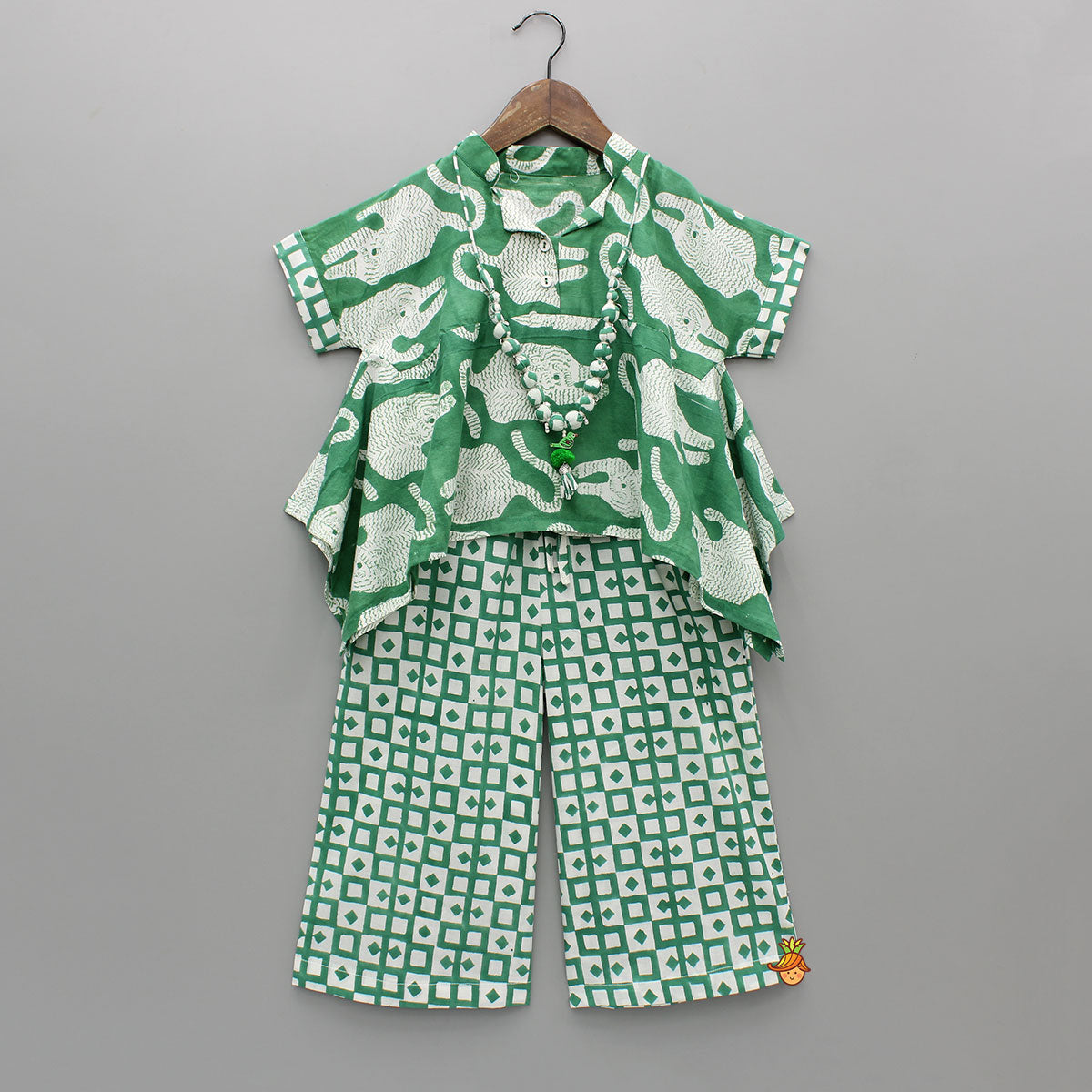 Green Asymmetric Printed Top With Palazzo And Matching Necklace