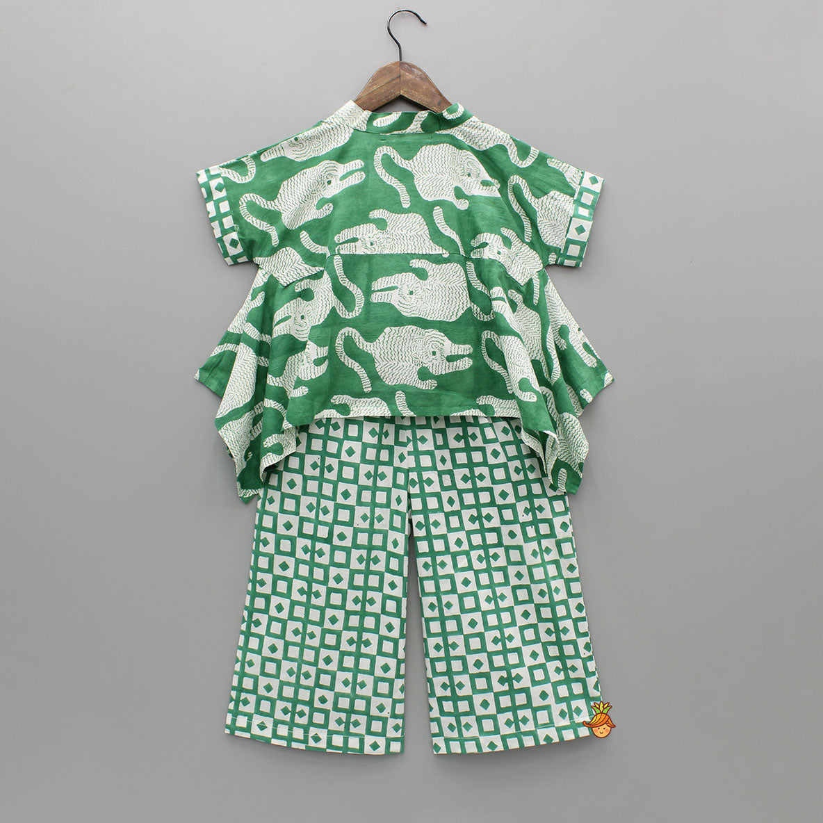 Green Asymmetric Printed Top With Palazzo And Matching Necklace