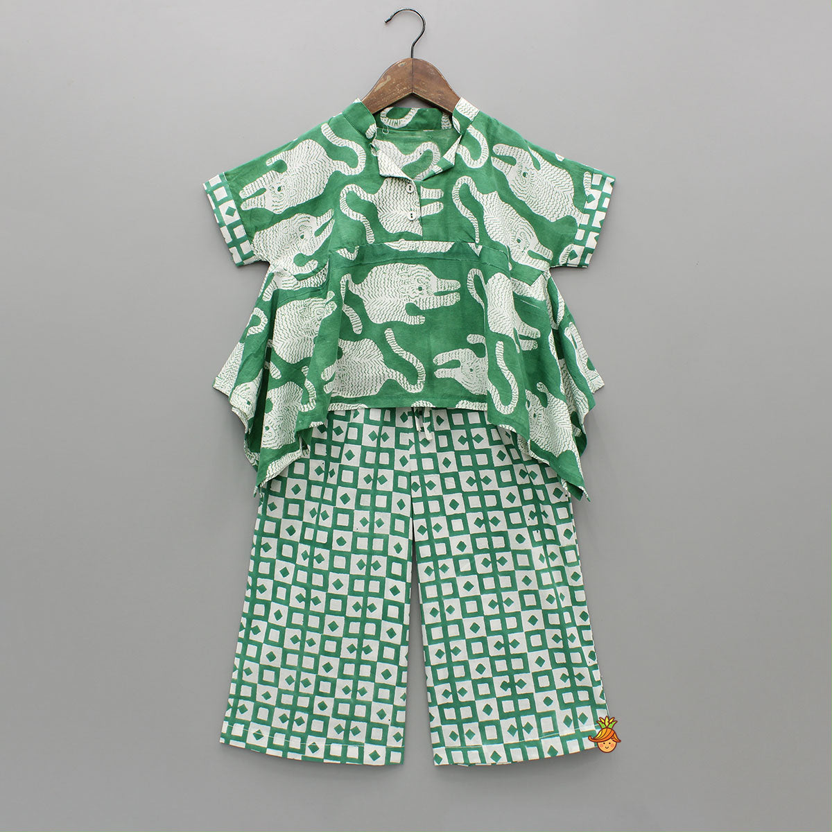 Green Asymmetric Printed Top With Palazzo And Matching Necklace