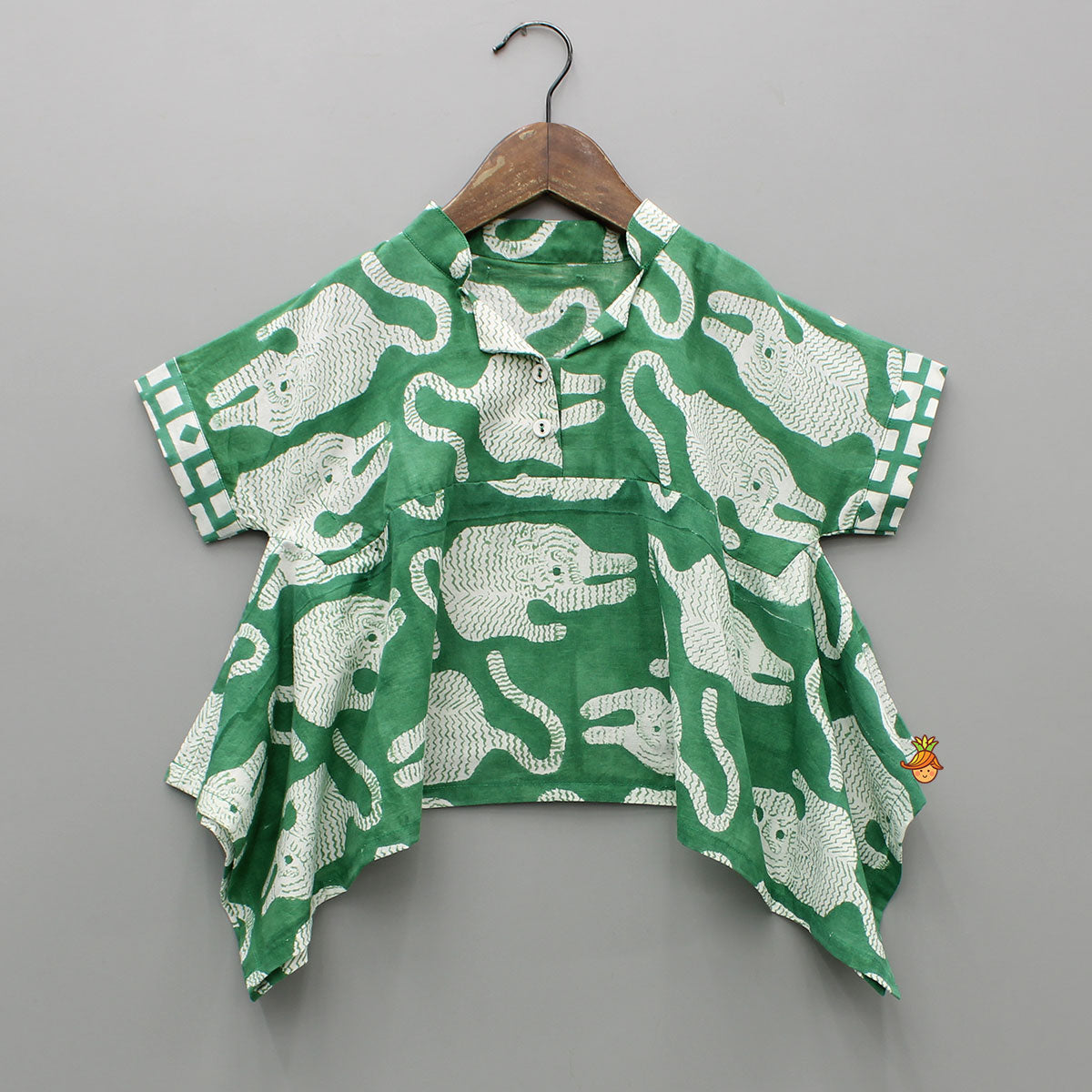 Green Asymmetric Printed Top With Palazzo And Matching Necklace